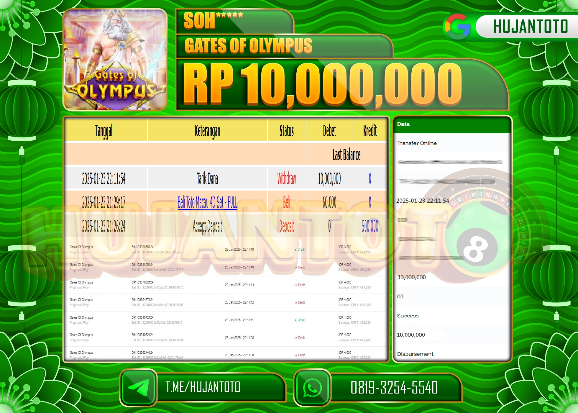 HUJANTOTO - BUKTI JACKPOT DI PERMAINAN  SLOT GATES OF OLYMPUS Rp,10,000,000 - TERBAYAR LUNAS