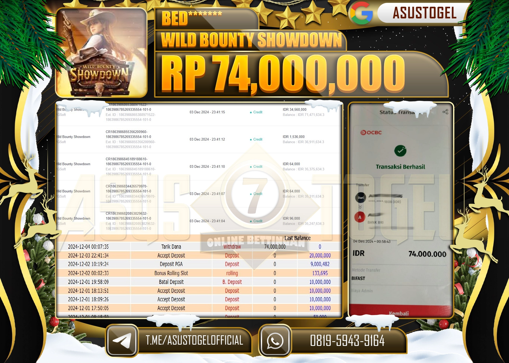 ASUSTOGEL KEMENANGAN DI GAMES PG SOFT WILD BOUNTY SEBESAR 74,000,000- RUPIAH LUNAS