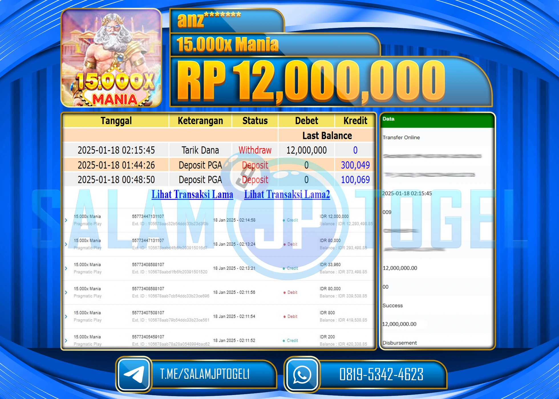 SALAMJPTOGEL MENANG SLOT 15.000 X MANIA Rp.12,000,000 LUNAS