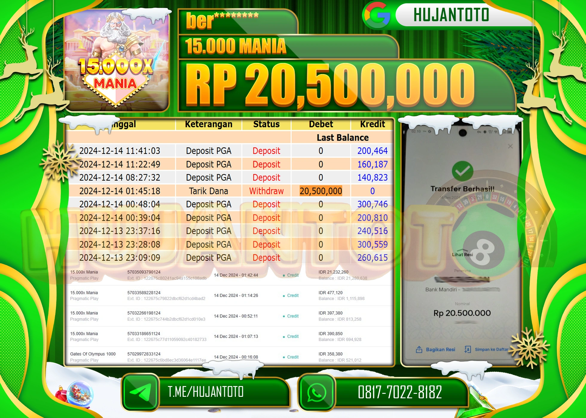 HUJANTOTO ATAS KEMENANGAN JACKPOT  BESAR YANG DI RAIH DI PERMAINA SLOT 15,000 MANIA - 20,500,000 SEBESAR - TERBAYAR LUNAS