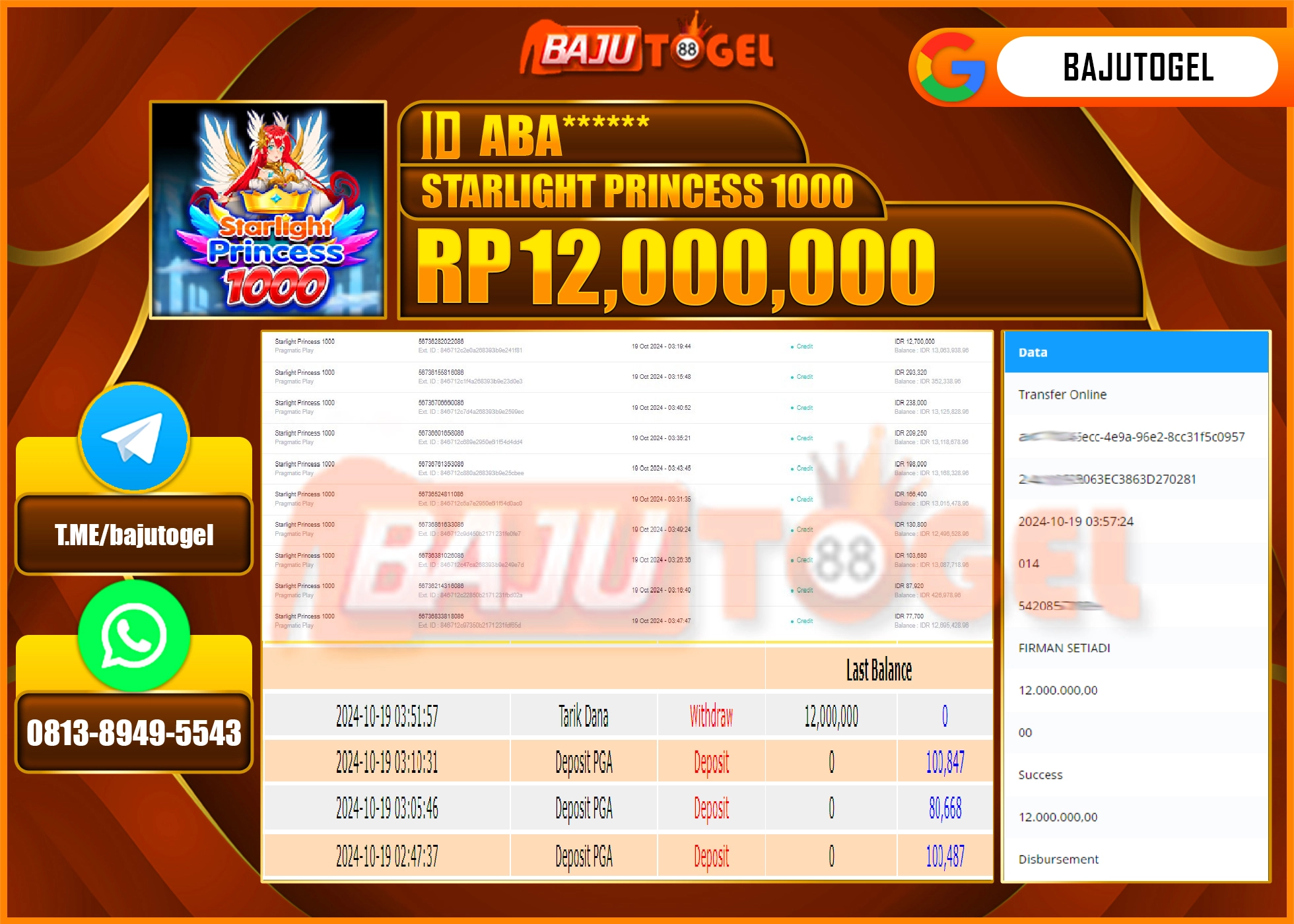 BAJUTOGEL JACKPOT STARLIGHT PRINCESS 1000 Rp.12.000.000 LUNAS
