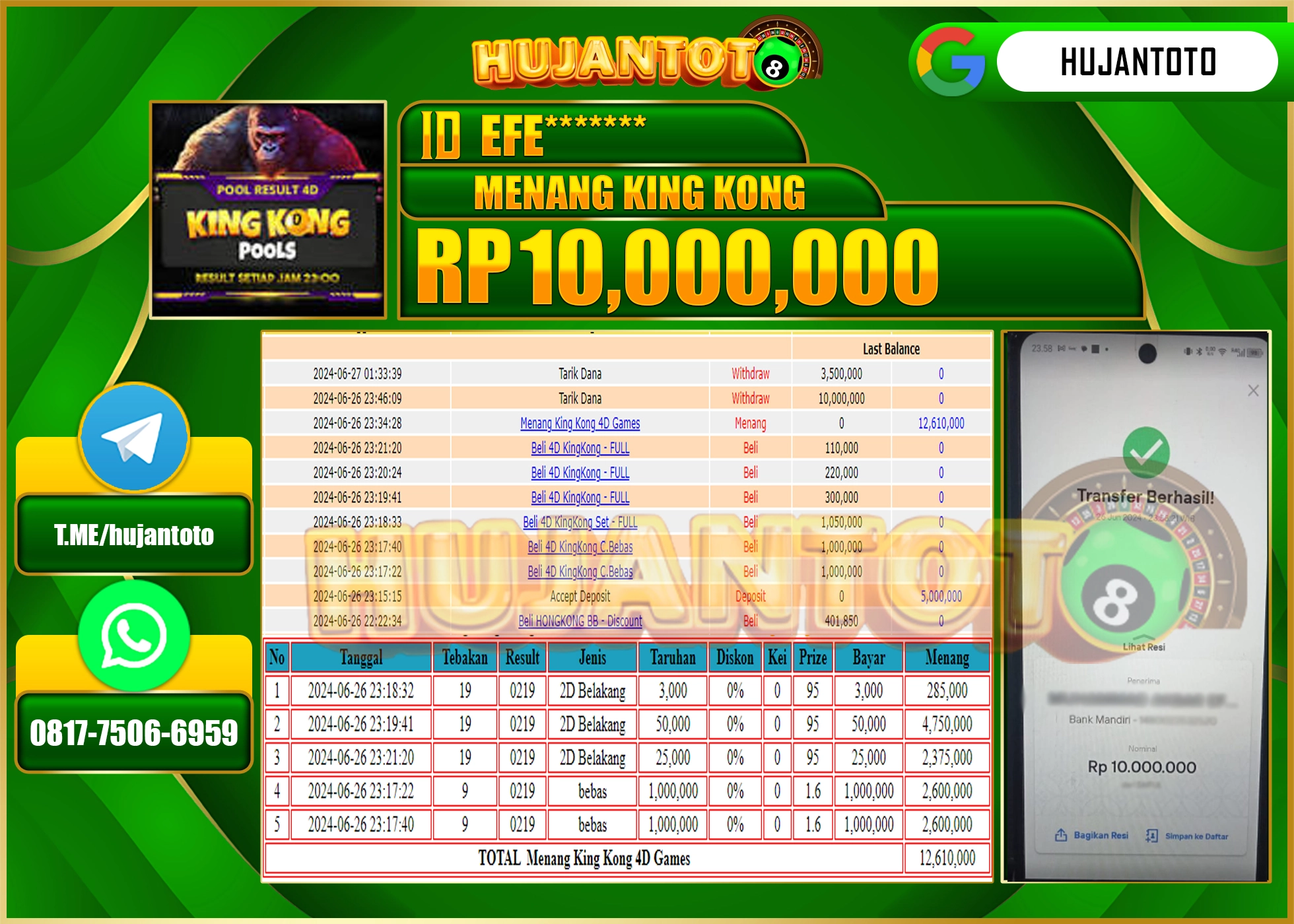 HUJANTOTO MENANG KING KONG 4D WD 10.000.000 - LUNAS 