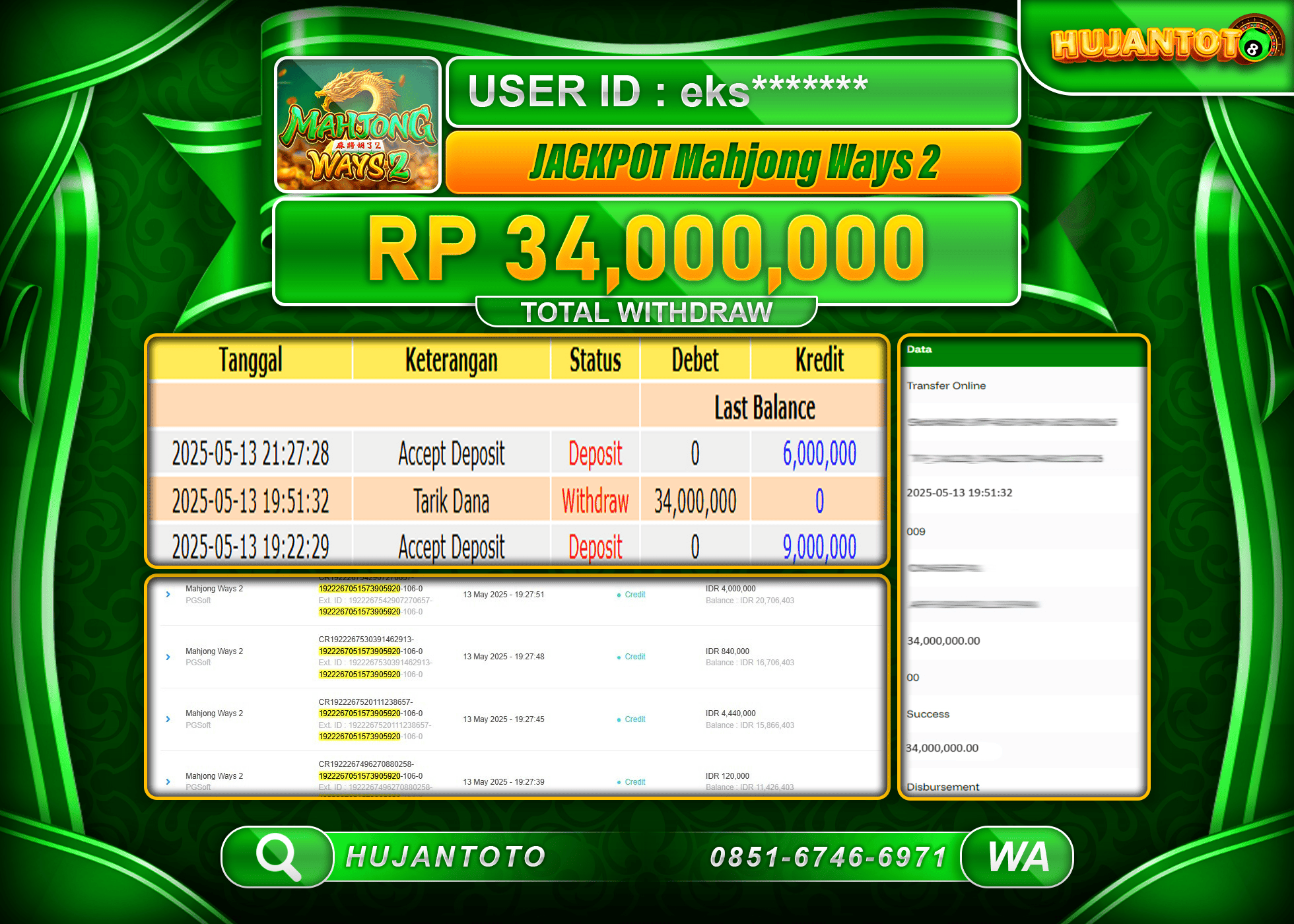 HUJANTOTO - BUKTI JACKPOT MENANG SLOT MAHJONG WAYS 2 Rp,34,000,000 - TERBAYAR LUNAS