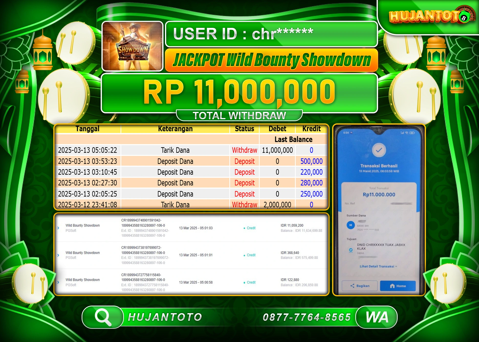 HUJANTOTO - BUKTI JACKPOT MENANG SLOT WILD BOUNTY SHOWDOWN Rp,11,000,000 - TERBAYAR LUNAS