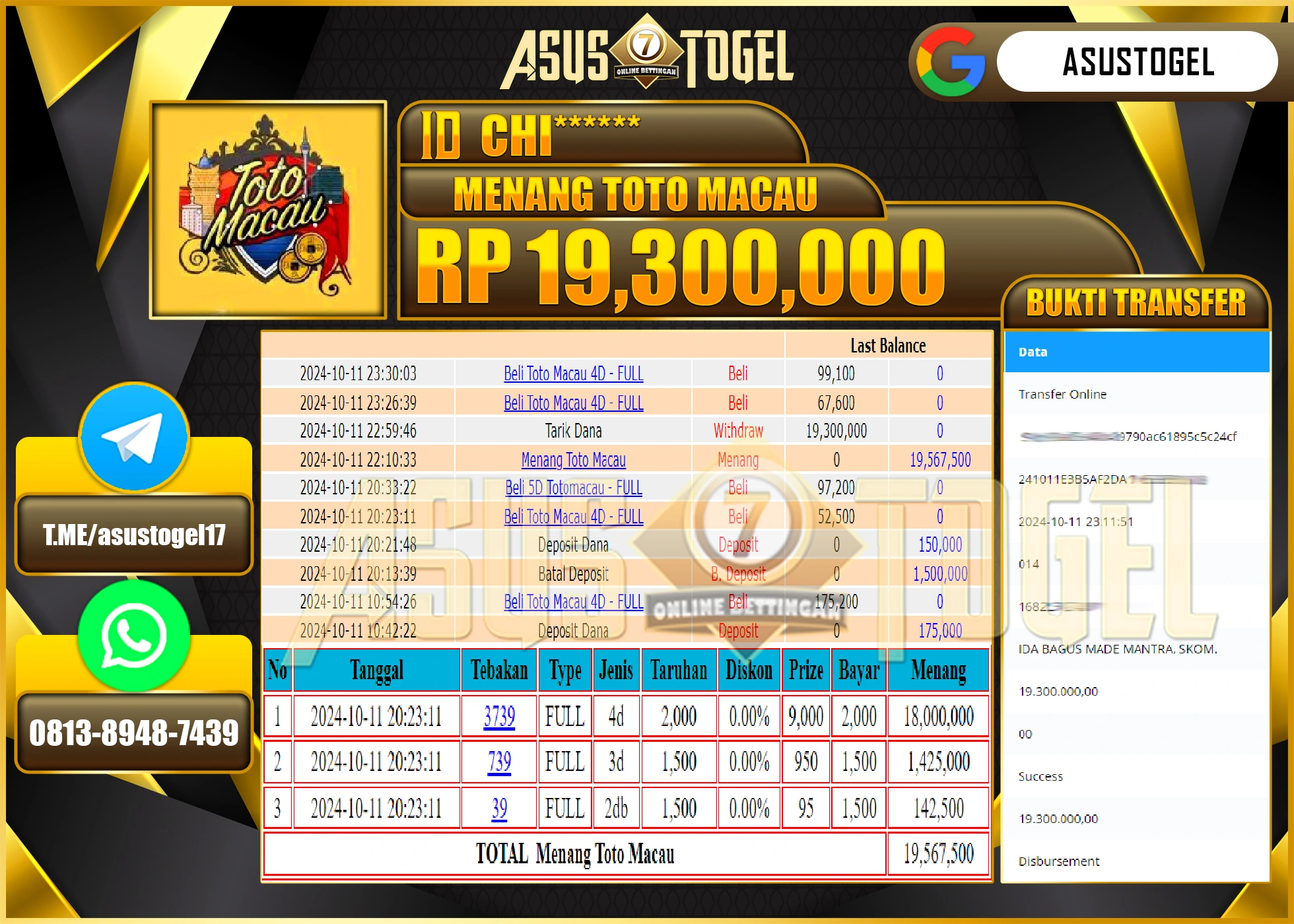 ASUSTOGEL KEMENANGAN  DI GAMES   MENANG  TOGEL  TOTO MACAU  SEBESAR 19,300,000- RUPIAH LUNAS