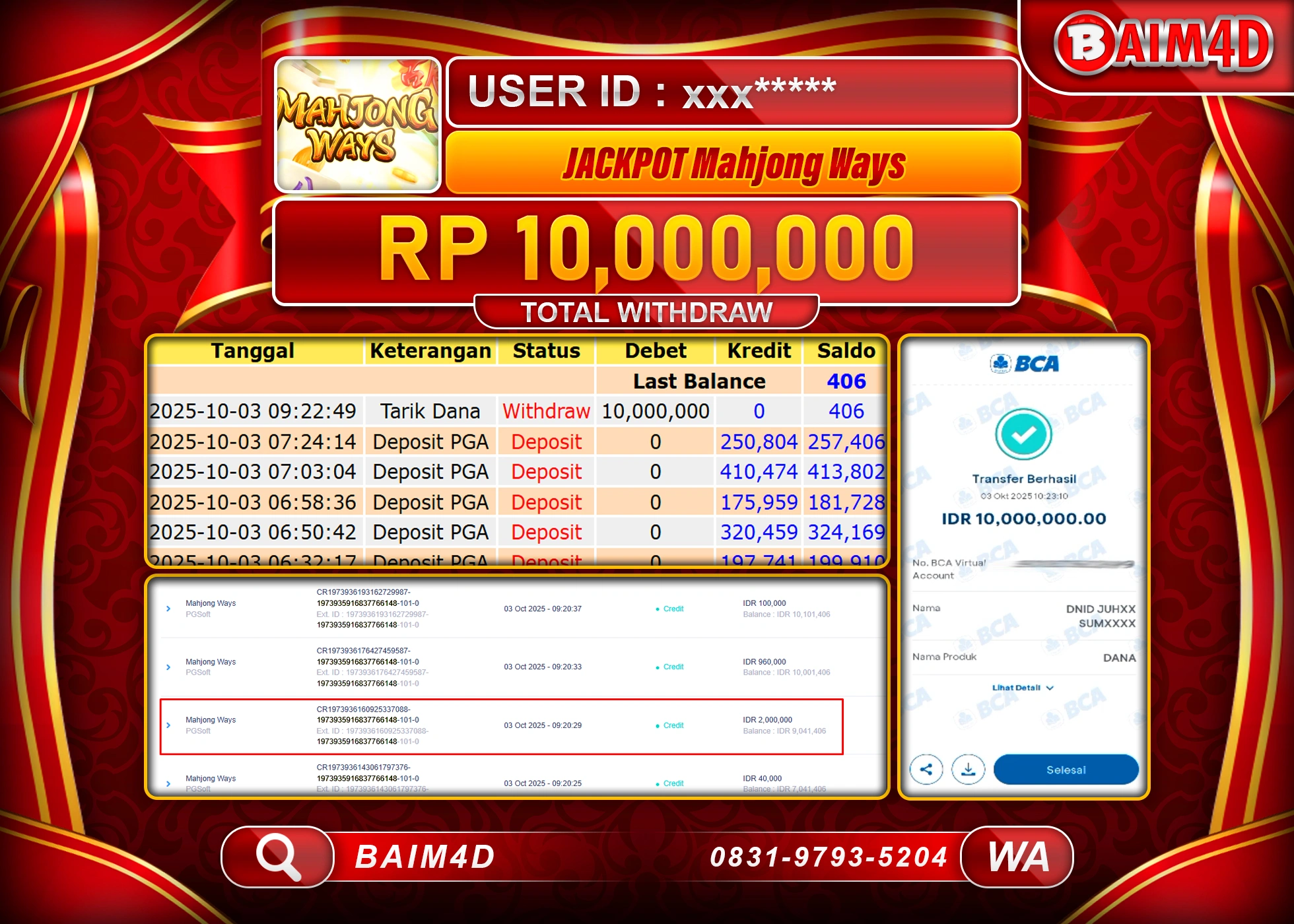 BAIM4D JACKPOT SLOT MAHJONG WAYS - PG SOFT Rp.10,000,000.- LUNAS