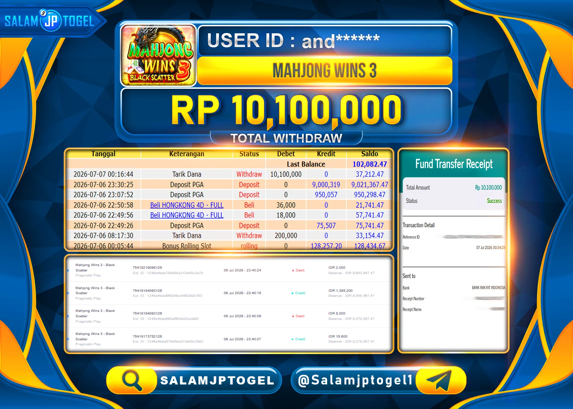 SALAMJPTOGEL JACKPOT MENANG SLOT MAHJONG WINS 3 BLACK SCATTER Rp.10,100,000 - LUNAS