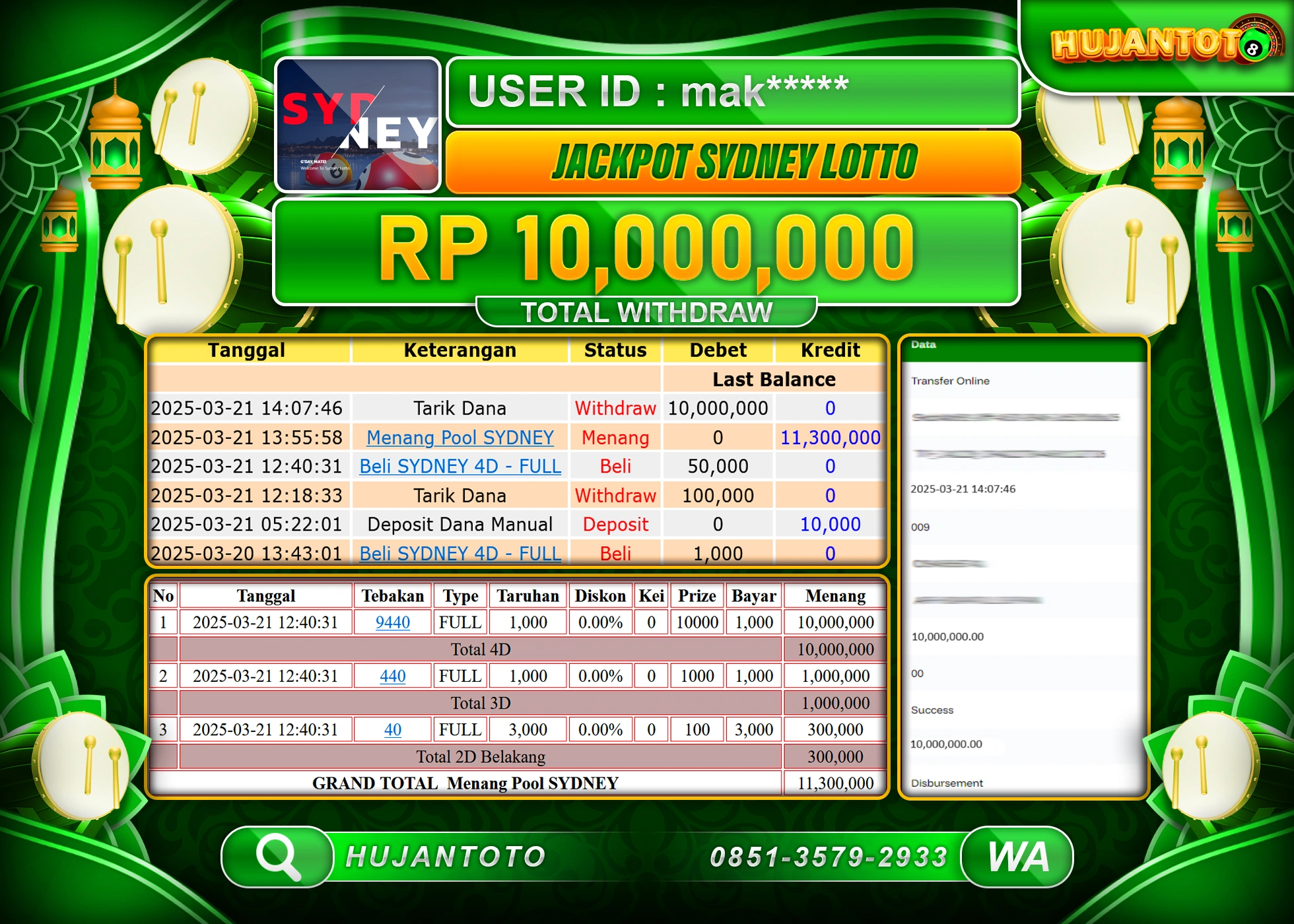 HUJANTOTO - BUKTI JACKPOT MENANG PERMAINAN TOGEL SYDNEY LOTTO Rp,10,000,000 - TERBAYAR LUNAS
