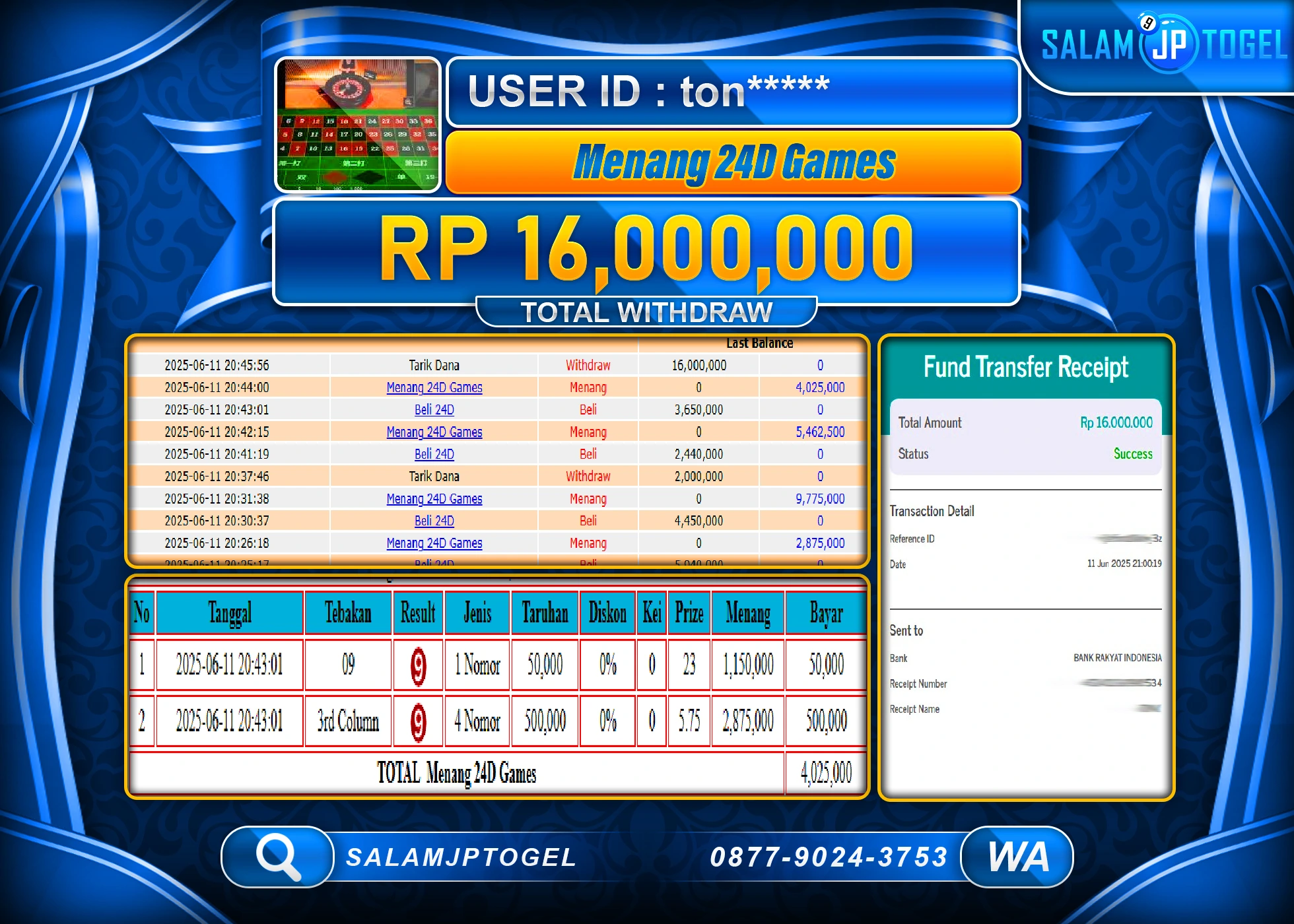 SALAMJPTOGEL MENANG LIVEGAME 24D GAMES Rp.16,000,000 LUNAS