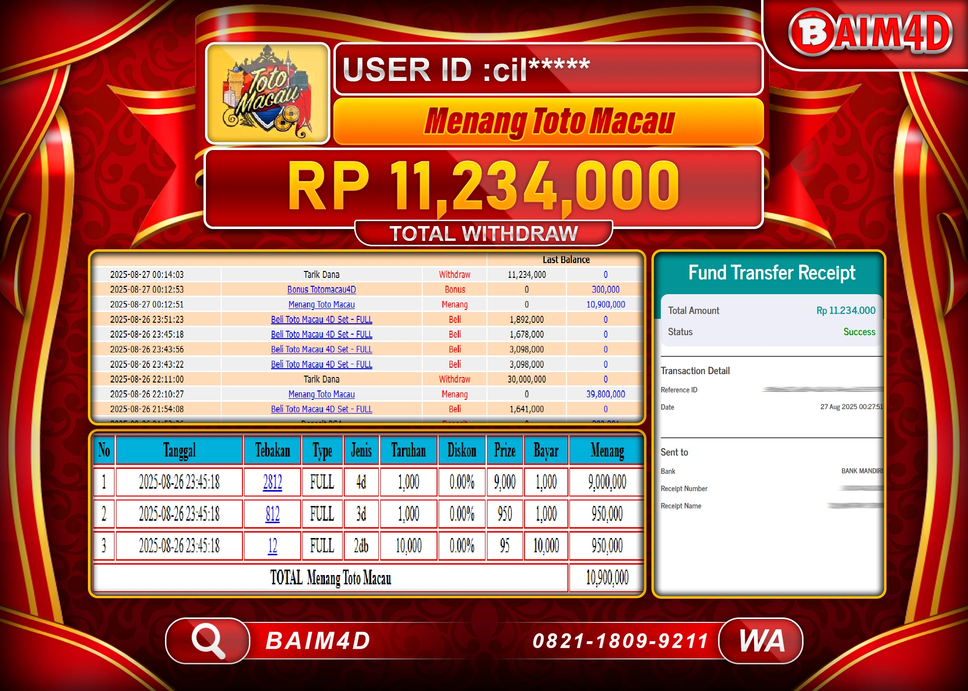 BAIM4D JACKTPOT TOGEL TOTO MACAU  Rp.11,234,000.- LUNAS