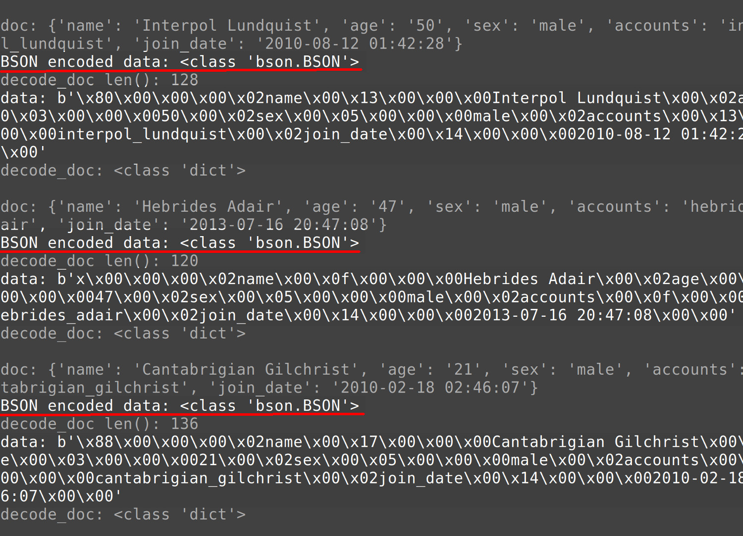 Screenshot of a Python script printing the results of BSON encoded JSON documents