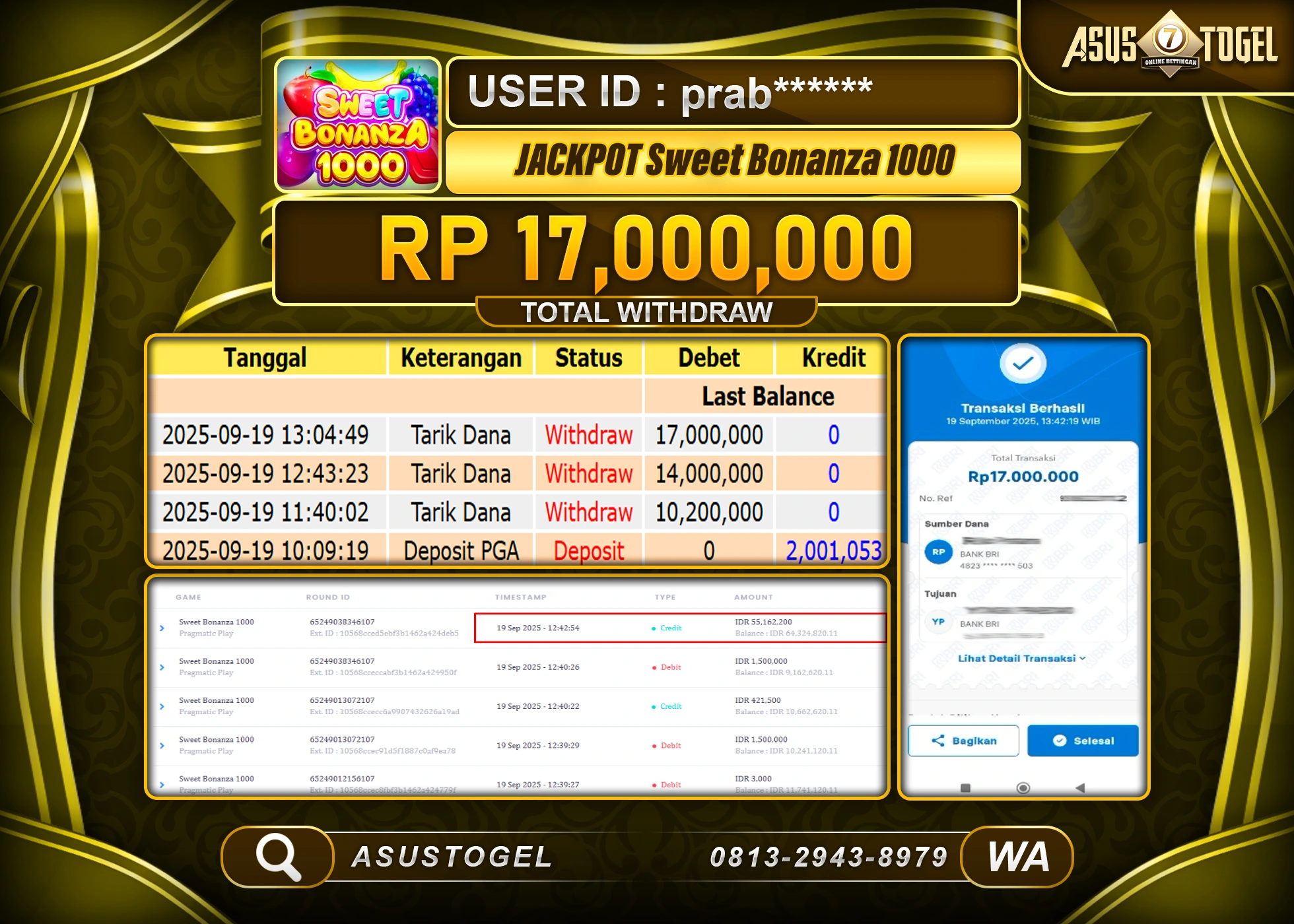 ASUSTOGEL KEMENANGAN DI SLOT SWEET BONANZA 1000 SEBESAR 17,000,000- RUPIAH LUNAS