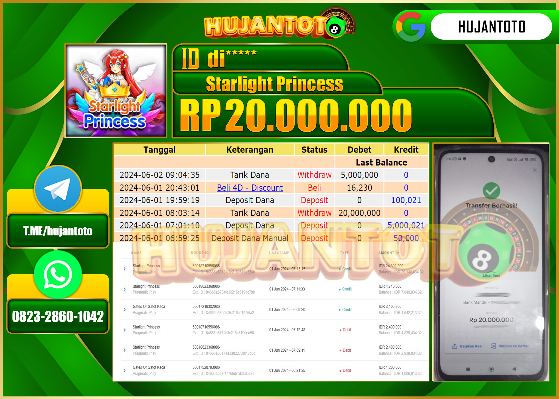 HUJANTOTO MENANG DI STARLIGHT PRINCESS 20,000,000 - LUNAS