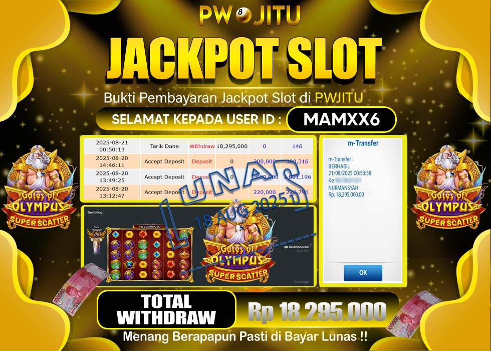 PWJITU JACKPOT SLOT GATES OF OLYMPUS SUPER SCATTER Rp.18.295.000,- LUNAS