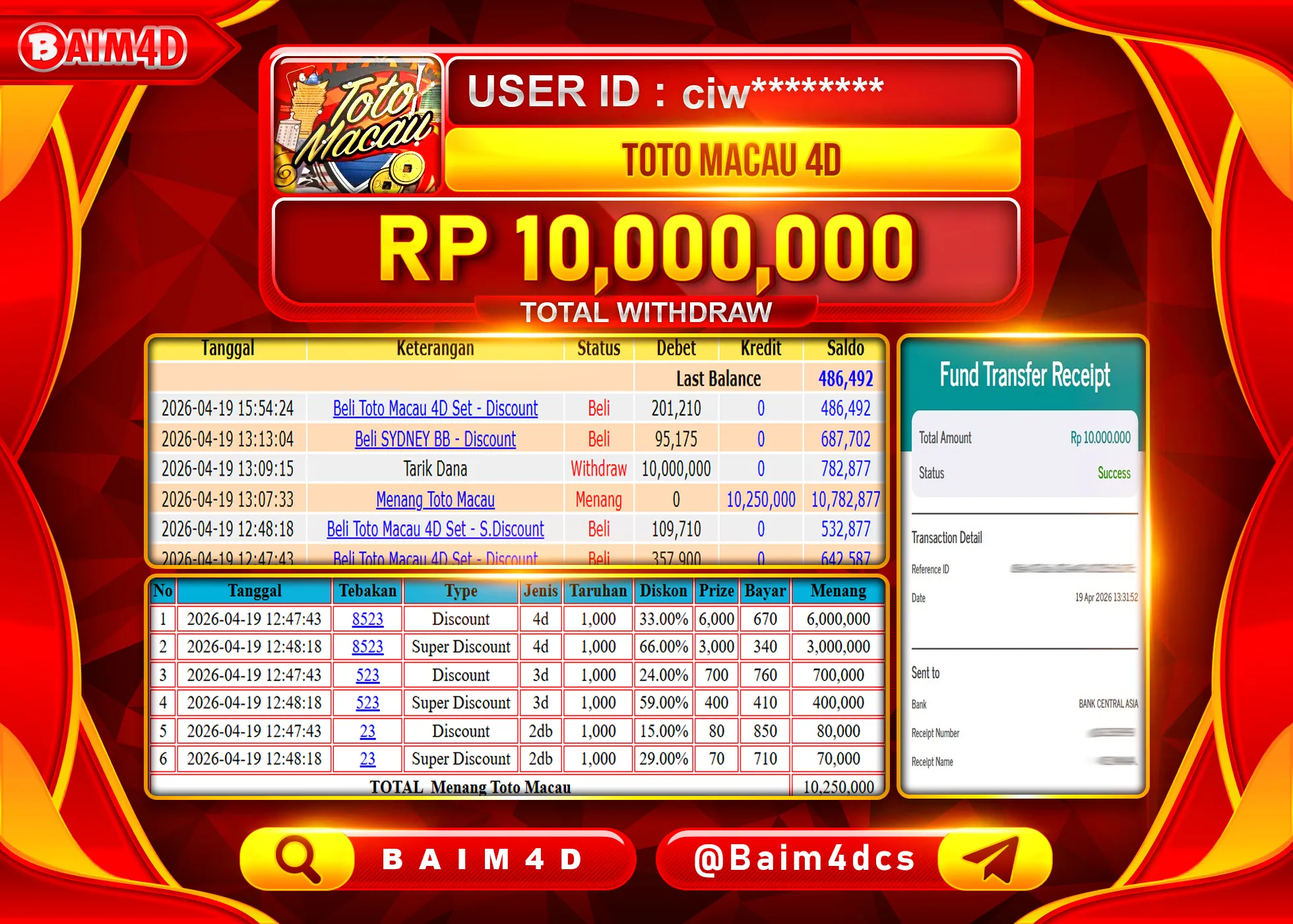 BAIM4D JACKPOT TOTO MACAU 4D Rp.10,000,000 - LUNAS