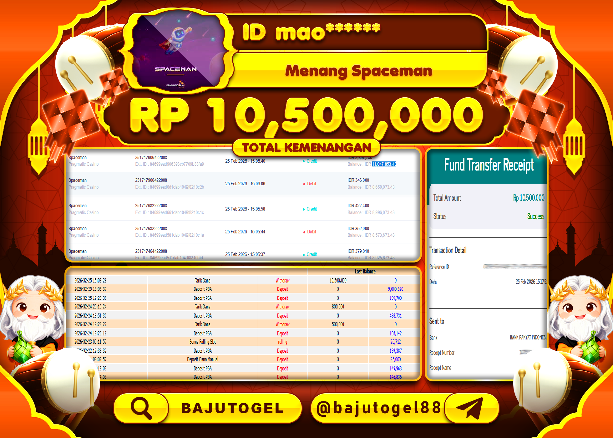 BAJUTOGEL KEMENANGAN JACKPOT DI PRAGMATIC PLAY SPACEMAN Rp.10,500,000 LUNAS