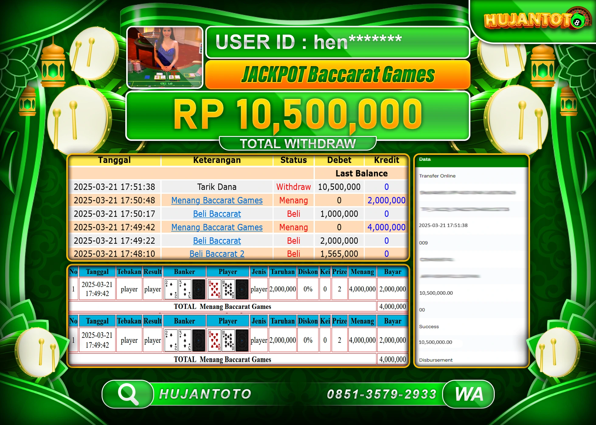 HUJANTOTO - BUKTI JACKPOT MENANG LIVE GAME BACCARAT GAMES Rp,10,500,000 - TERBAYAR LUNAS