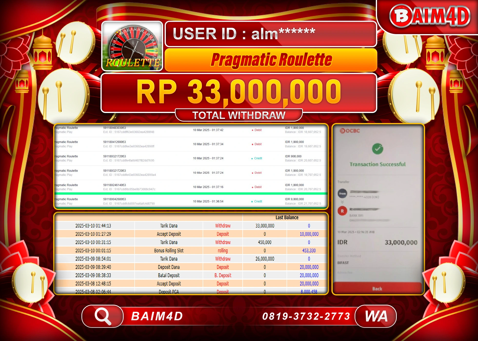 BAIM4D MENANG  PRAGMATIC ROULLETE Rp.33.000,000.