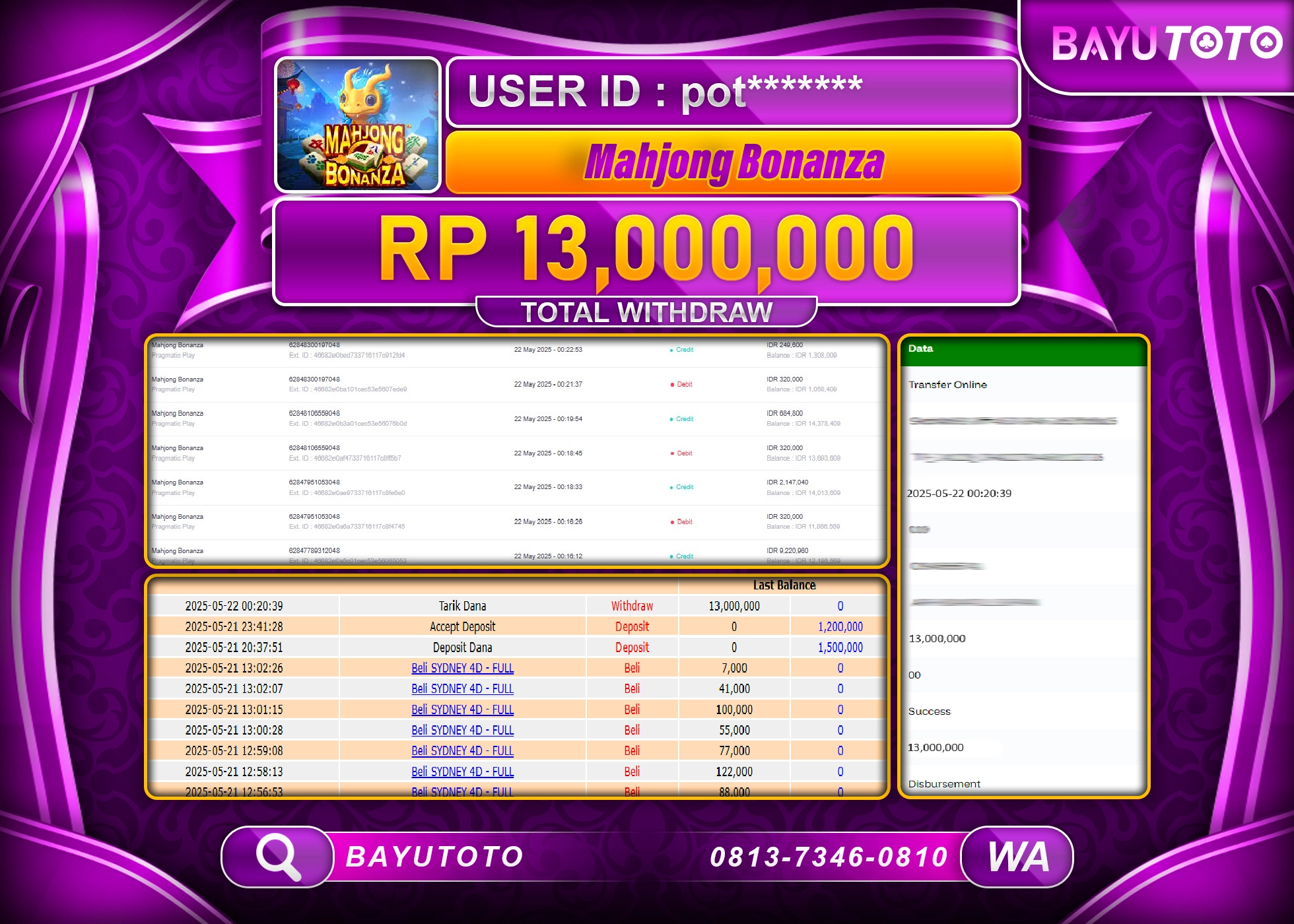 BAYUTOTO JACKPOT DI SLOT MAHJONG BONANZA Rp.13,000,000 LUNAS