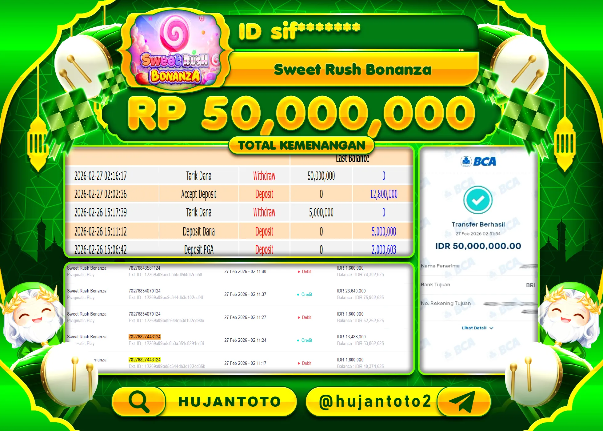 HUJANTOTO - BUKTI JACKPOT MENANG SLOT SWEET RUSH BONANZA Rp.50,000,000 - TERBAYAR LUNAS