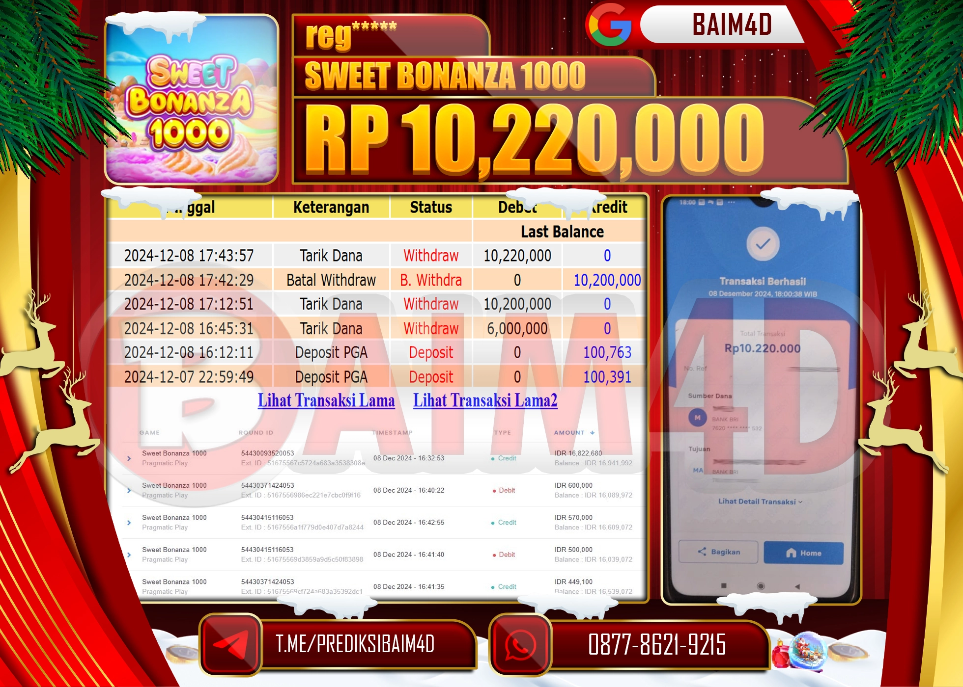 BAIM4D JACKPOT SLOT Sweet Bonanza 1000 Rp.10,220,000.- LUNAS