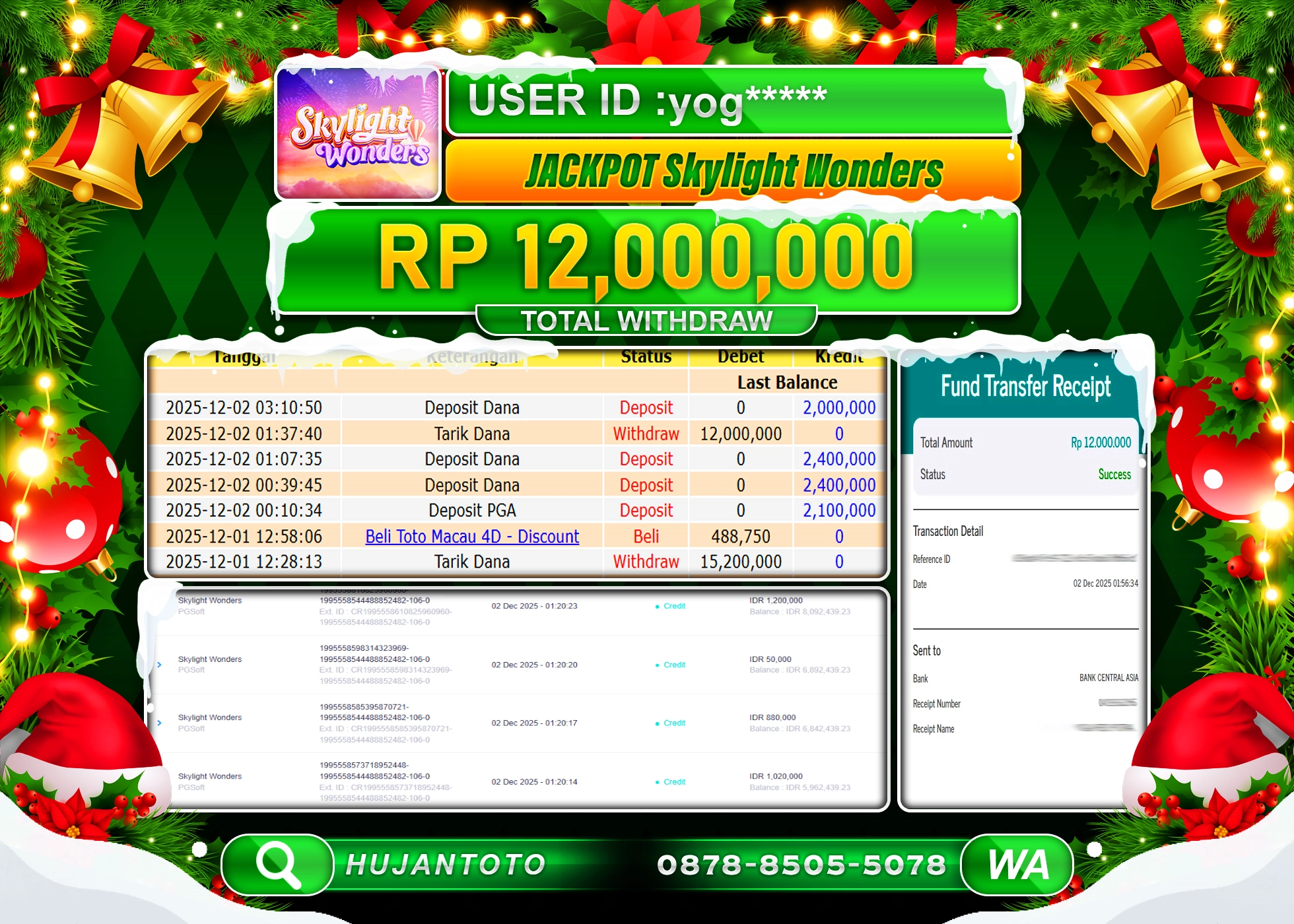 HUJANTOTO - BUKTI JACKPOT MENANG SLOT PG SOFT SKYLIGHT WONDERS Rp.12,000,000 - TERBAYAR LUNAS