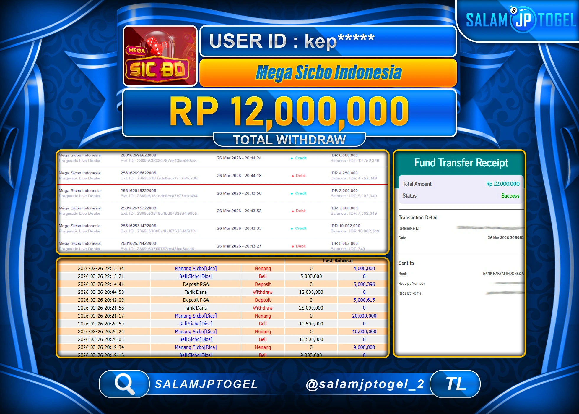 SALAMJPTOGEL MENANG JACKPOT MEGA SICBO INDONESIA Rp.12,000,000 - LUNAS