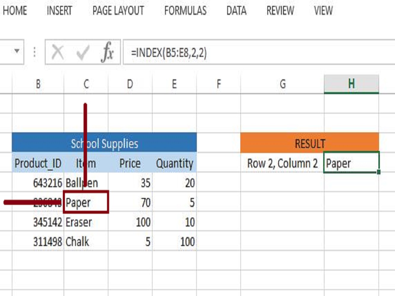 Screenshot of the excel index function example
