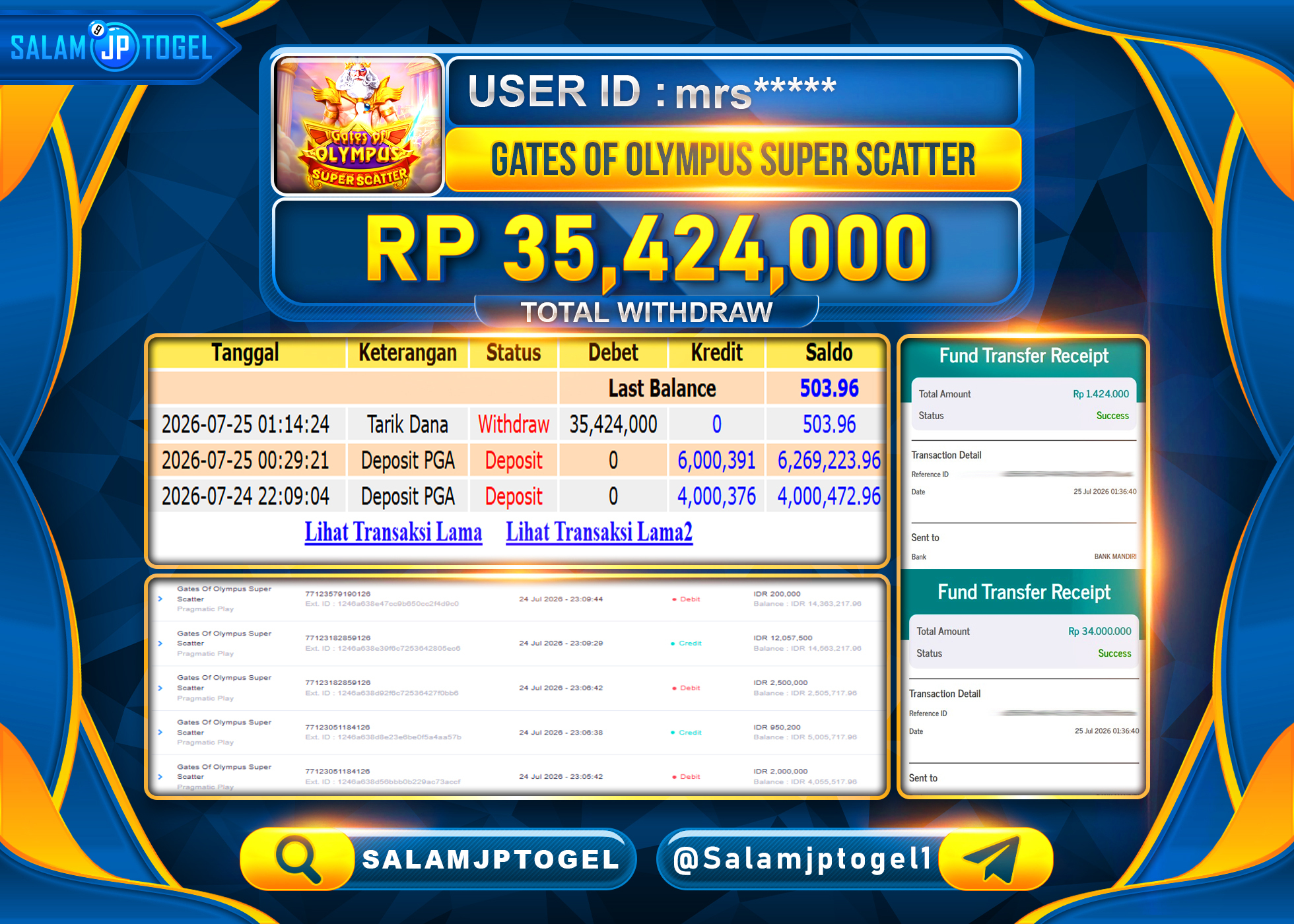 SALAMJPTOGEL JACKPOT MENANG Gates Of Olympus Super Scatter Rp.35,424,000 - LUNAS