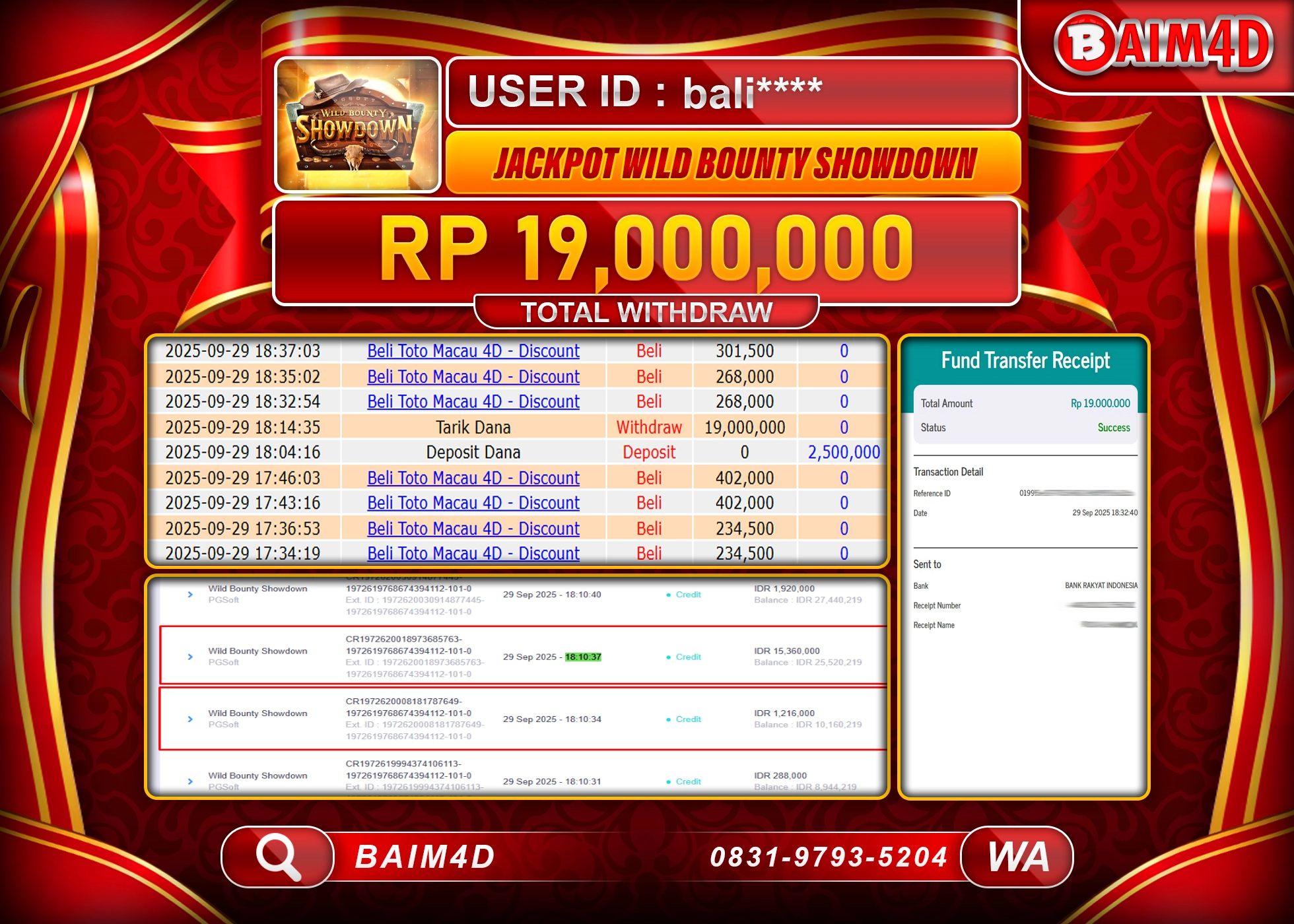 BAIM4D JACKPOT SLOT WILD BOUNTY SHOWDOWN Rp.19,000,000.- LUNAS