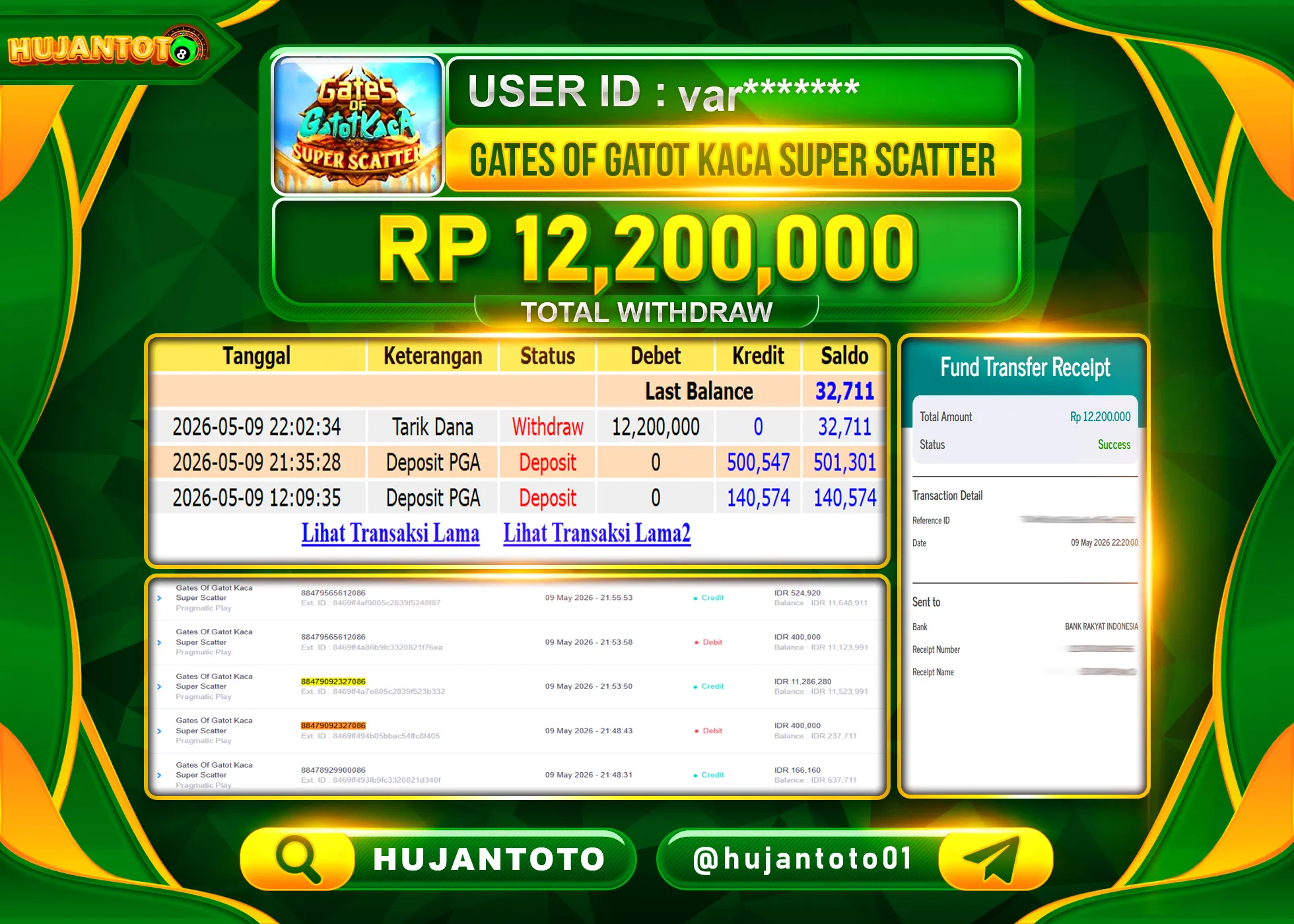HUJANTOTO - BUKTI JACKPOT MENANG SLOT GATES OF GATOT KACA SC Rp.12,200,000 - TERBAYAR LUNAS