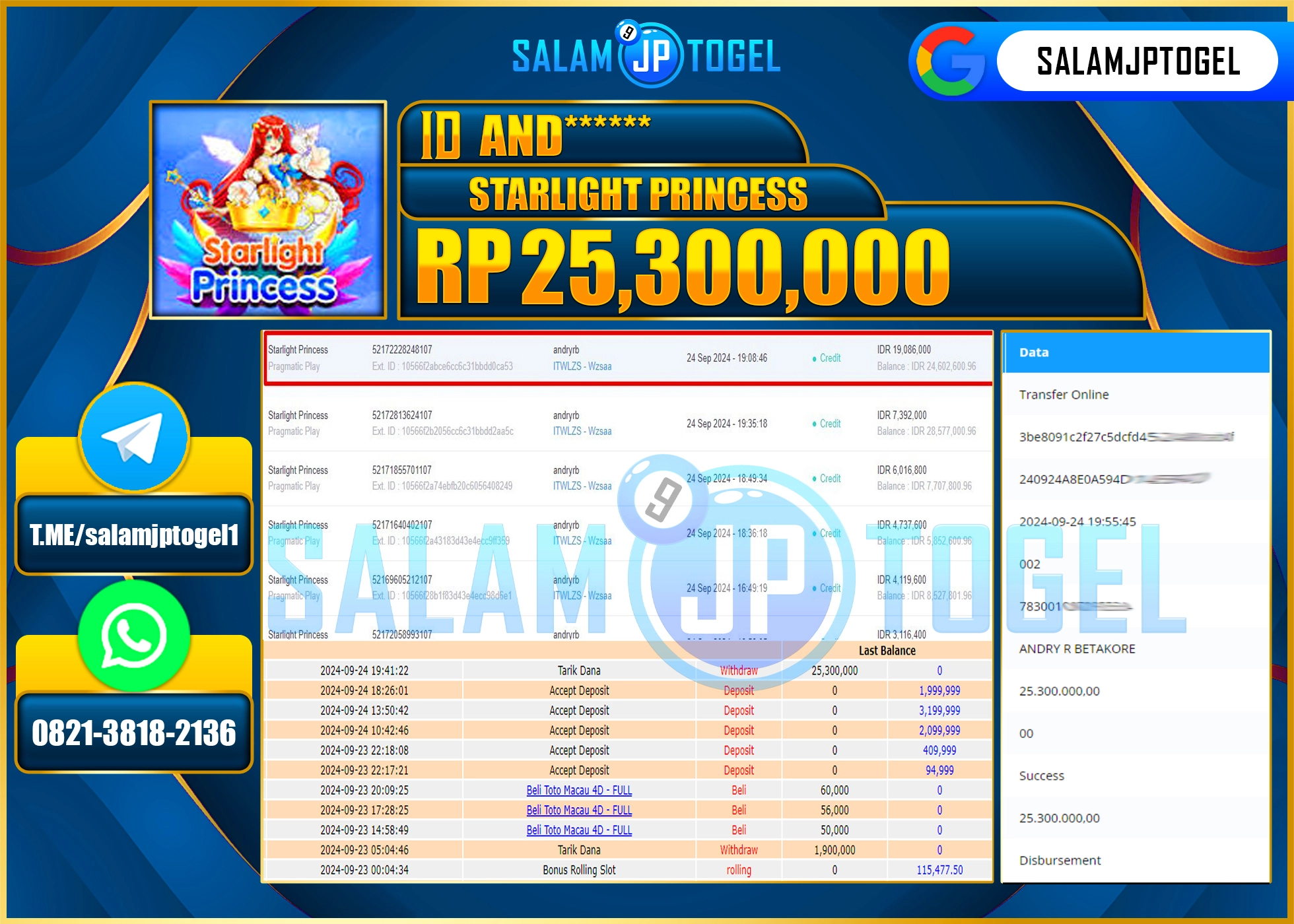 SALAMJPTOGEL MENANG STARLIGHT PRINCESS 4D RP. 25,300,000 LUNAS