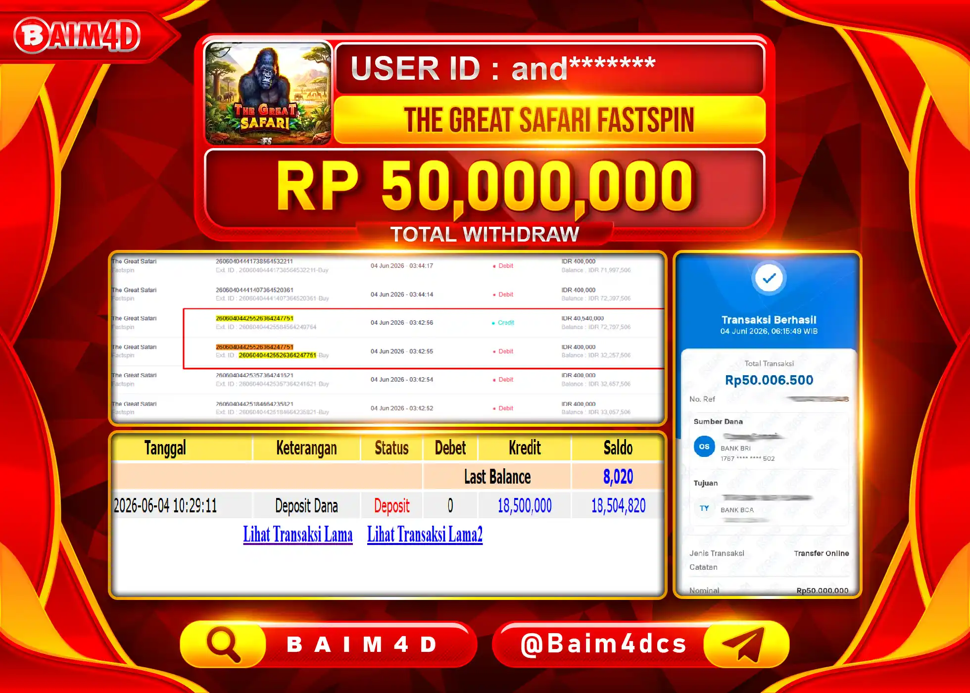 BAIM4D JACKPOT THE GREAT SAFARI FASTSPIN Rp.50,000,000 - LUNAS