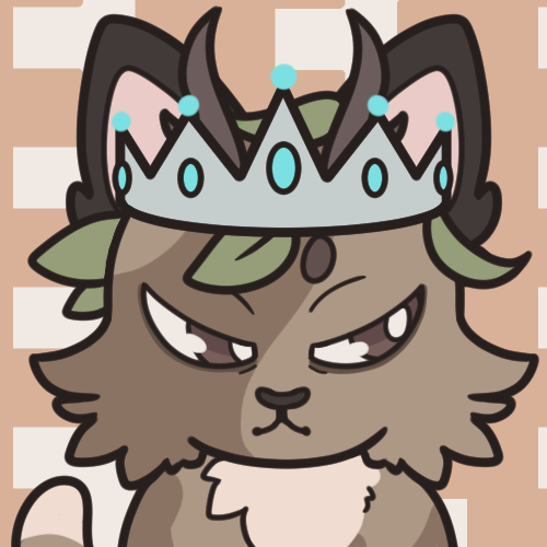 Digitally drawn image of a brown patterned cat with sleepy brown eyes. They have a silver crown with aqua jewels on the top of their head and leaves on their brow, as well as antlers.