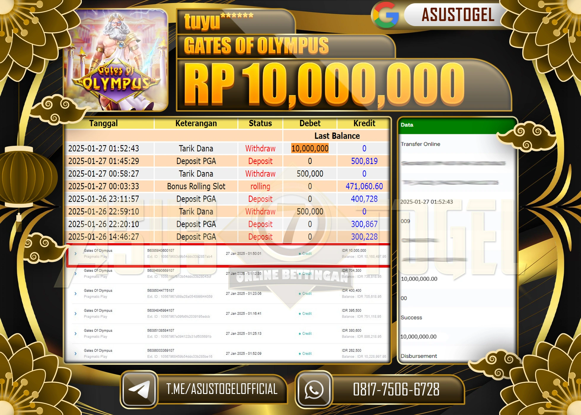 ASUSTOGEL KEMENANGAN DI GATES OF OLYMPUS GAMES SEBESAR 10.000.000 - RUPIAH LUNAS