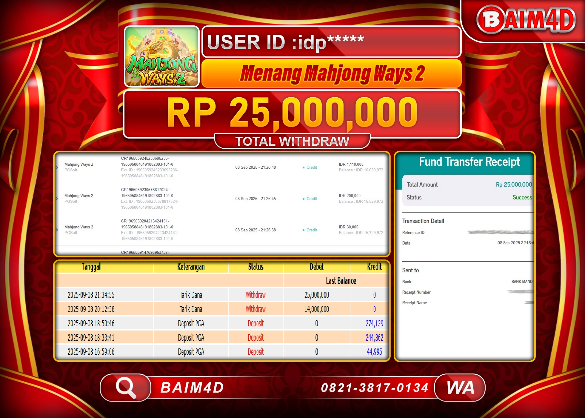 BAIM4D JACKPOT SLOT MAHJONG WAYS 2 PG SOFT Rp.25,000,000.- LUNAS