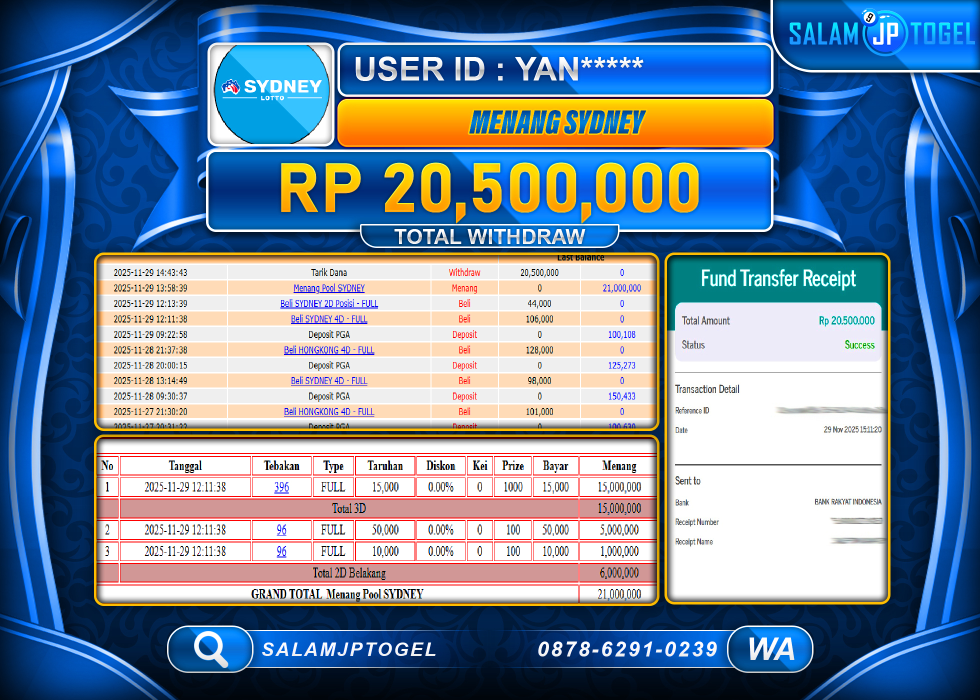 SALAMJPTOGEL JACKPOT TOGEL SYDNEY LOTTO  Rp.20,500,000  - LUNAS