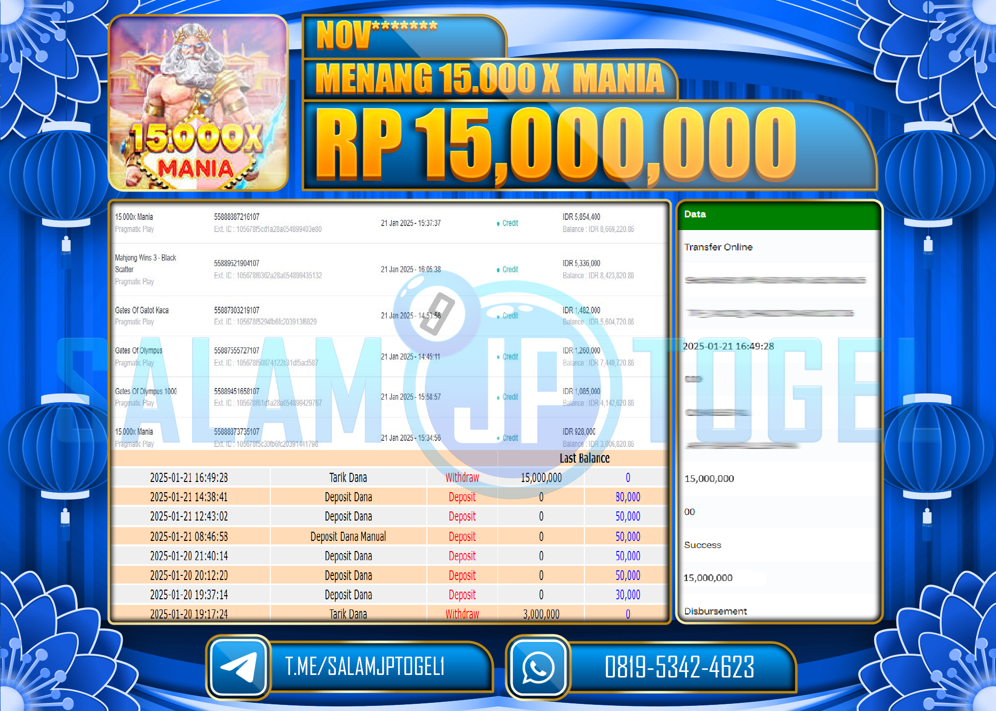 SALAMJPTOGEL MENANG 15.000 X MANIA  Rp.15,000,000 LUNAS
