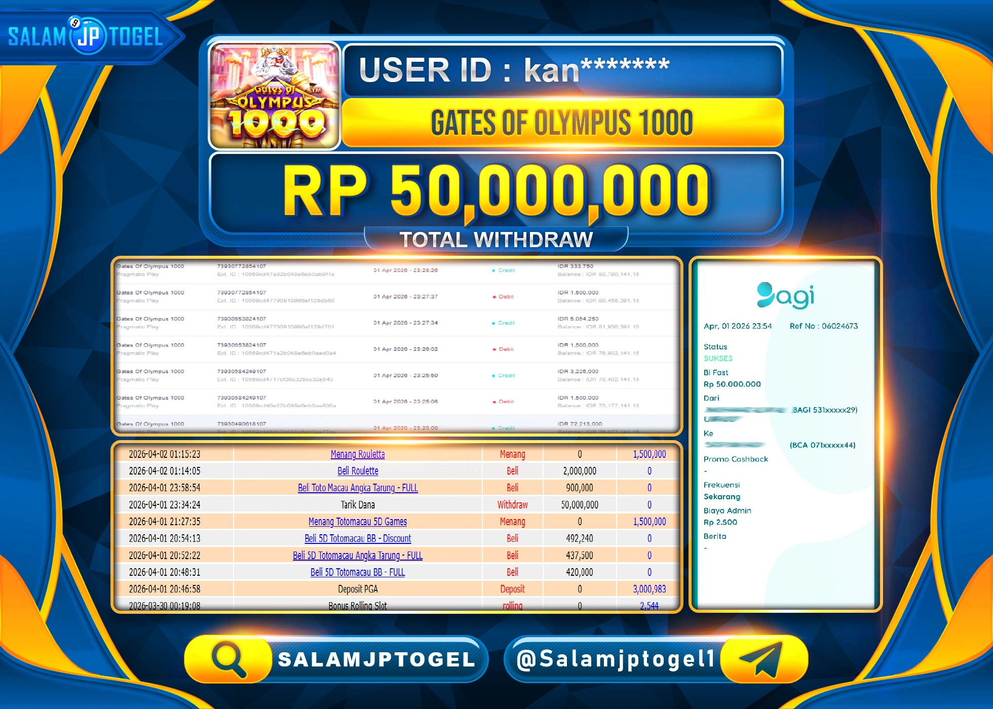 SALAMJPTOGEL MENANG JACKPOT SLOT GATES OF OLYMPUS 1000 Rp.50,000,000 - LUNAS