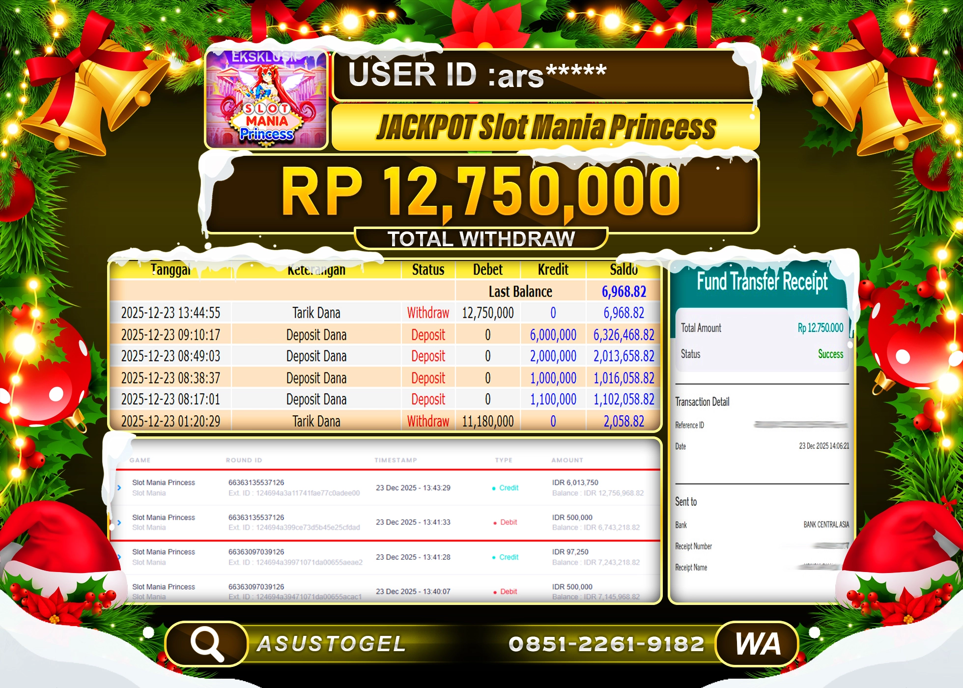 ASUSTOGEL KEMENANGAN DI SLOT MANIA PRINCESS SEBESAR 12,750,000 - RUPIAH LUNAS