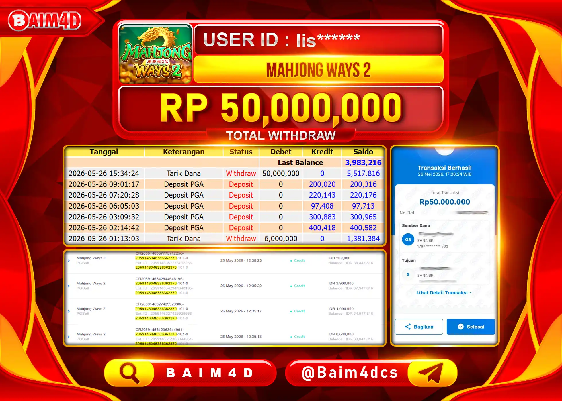 BAIM4D JACKPOT SLOT MAHJONG WAYS 2 Rp.50,000,000 - LUNAS