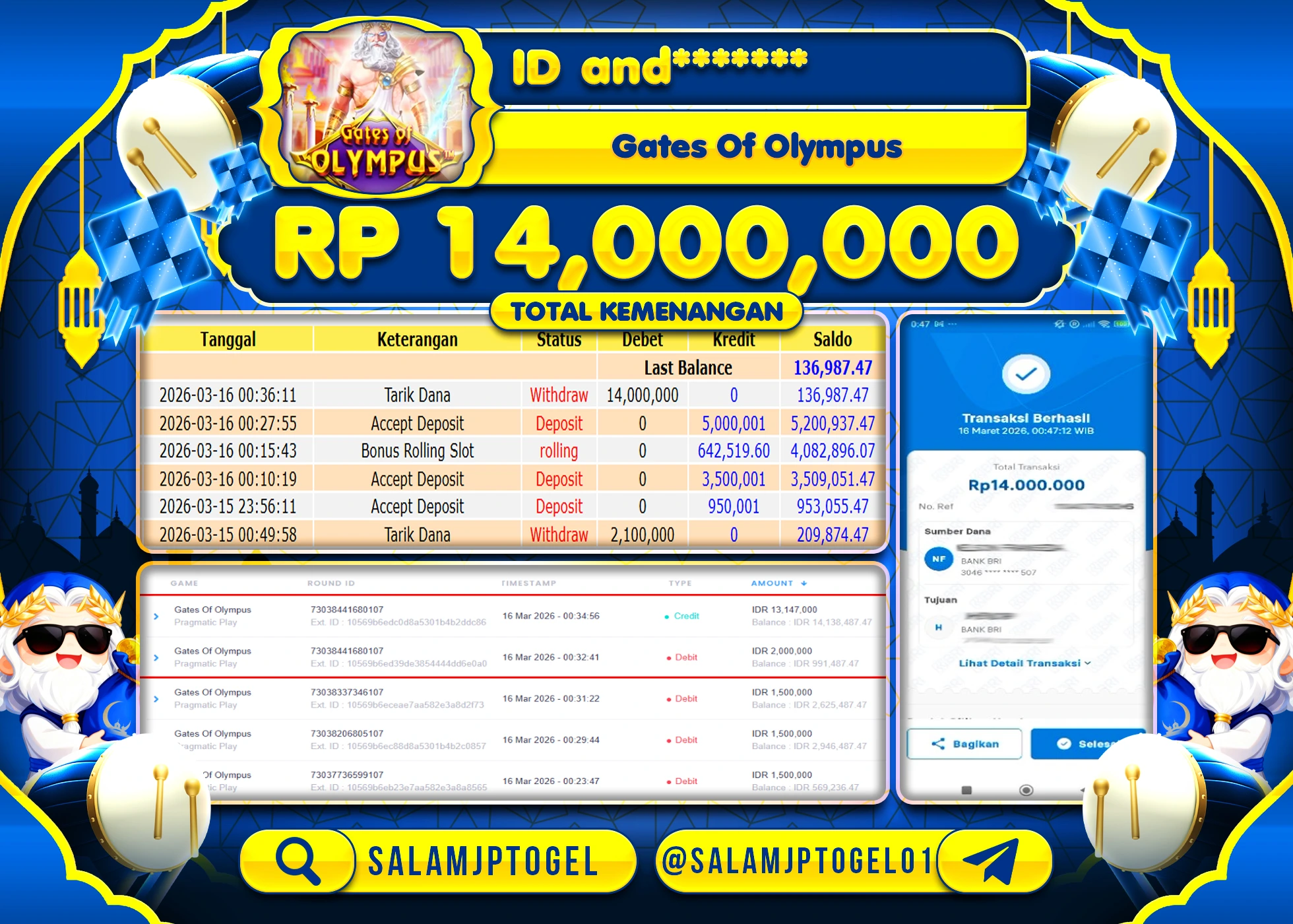 SALAMJPTOGEL JACKPOT Gates Of Olympus 1000 (Pragmatic Play) Rp.14,000,000 - LUNAS