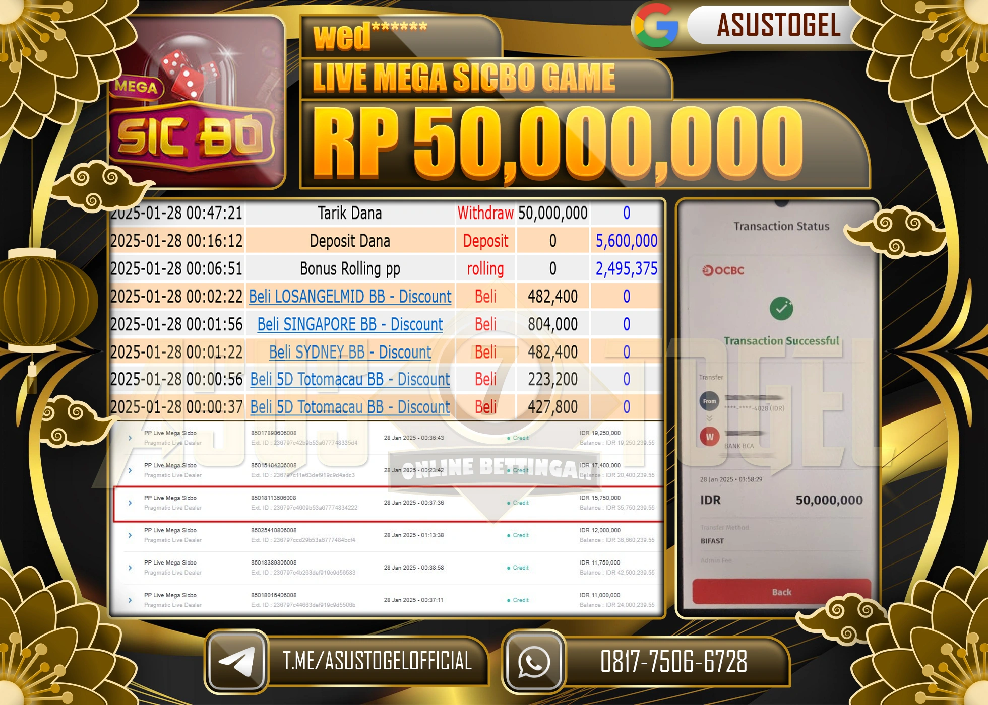 ASUSTOGEL KEMENANGAN DI PP LIVE MEGA SICBO SEBESAR 50.000.000 - RUPIAH LUNAS