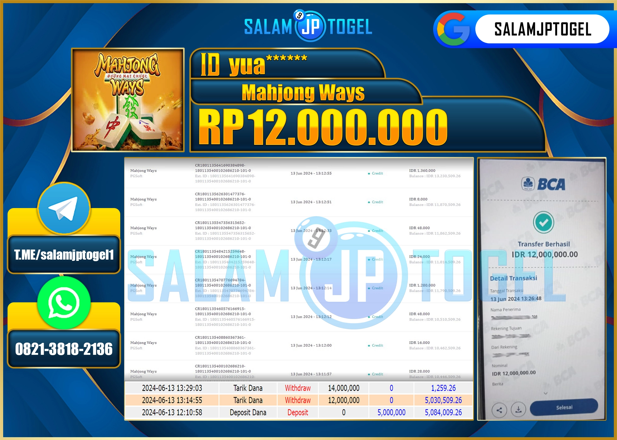 SALAMJPTOGEL MENANG MAHJONG WAYS RP. 12,000,000.,LUNAS