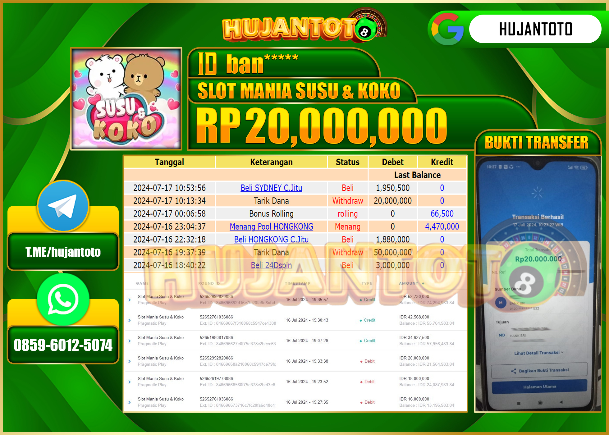 HUJANTOTO MENANG PERMAINAN SLOT MANIA SUSU & KOKO (PRAGMATIC PLAY) 20.000.000 - LUNAS 