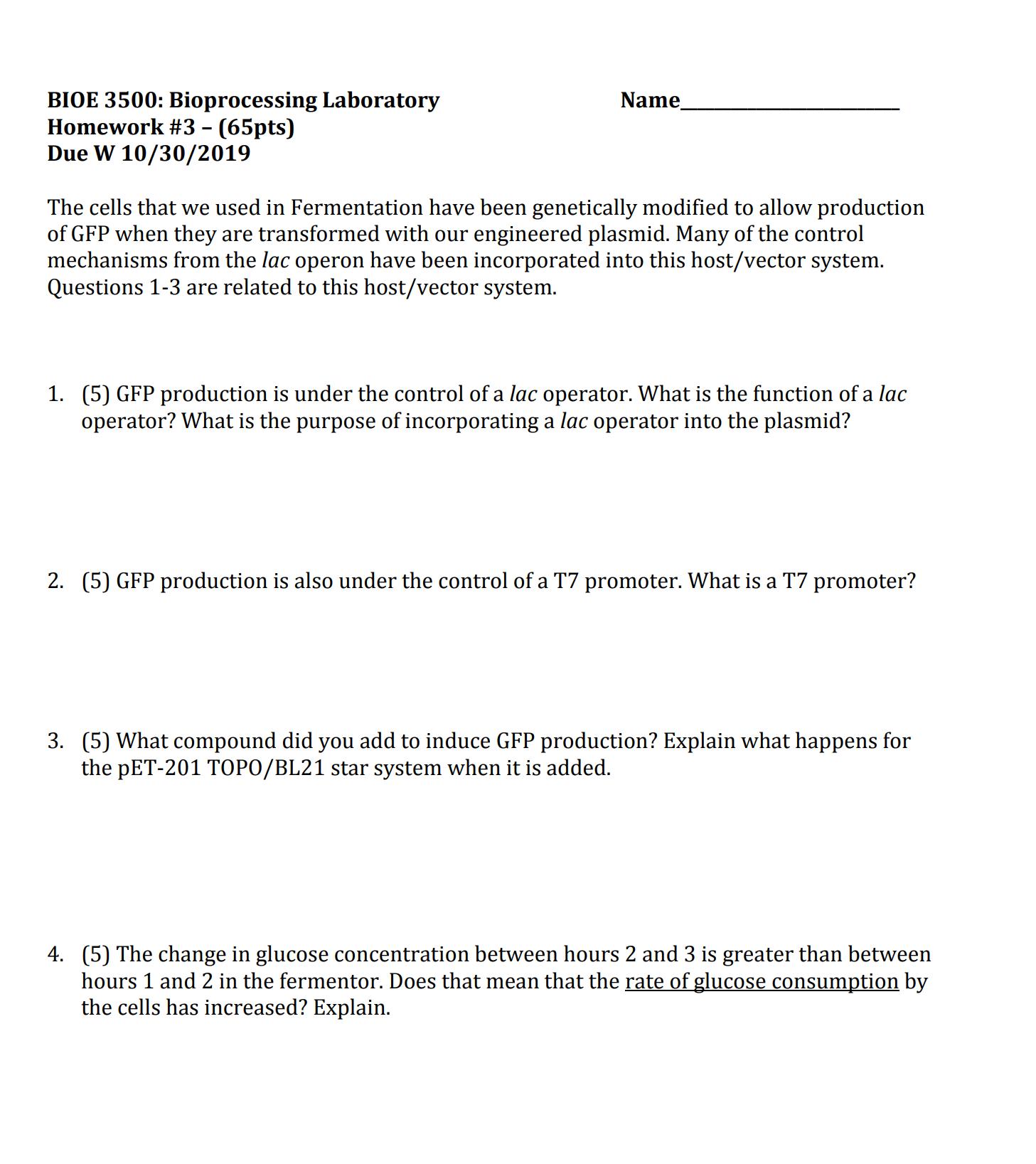 Solved Name BIOE 3500 Bioprocessing Laboratory Homework 3