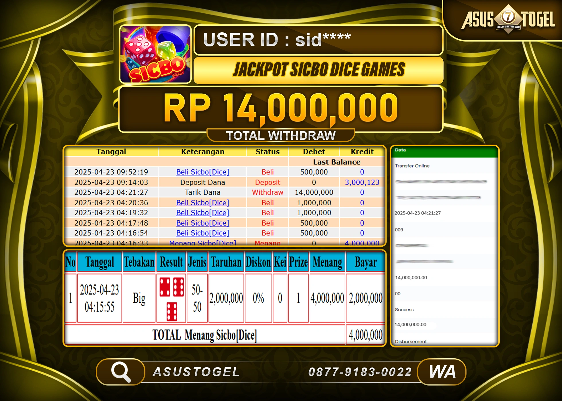 ASUSTOGEL KEMENANGAN DI LIVE SICBO GAMES SEBESAR 14,000,000- RUPIAH LUNAS