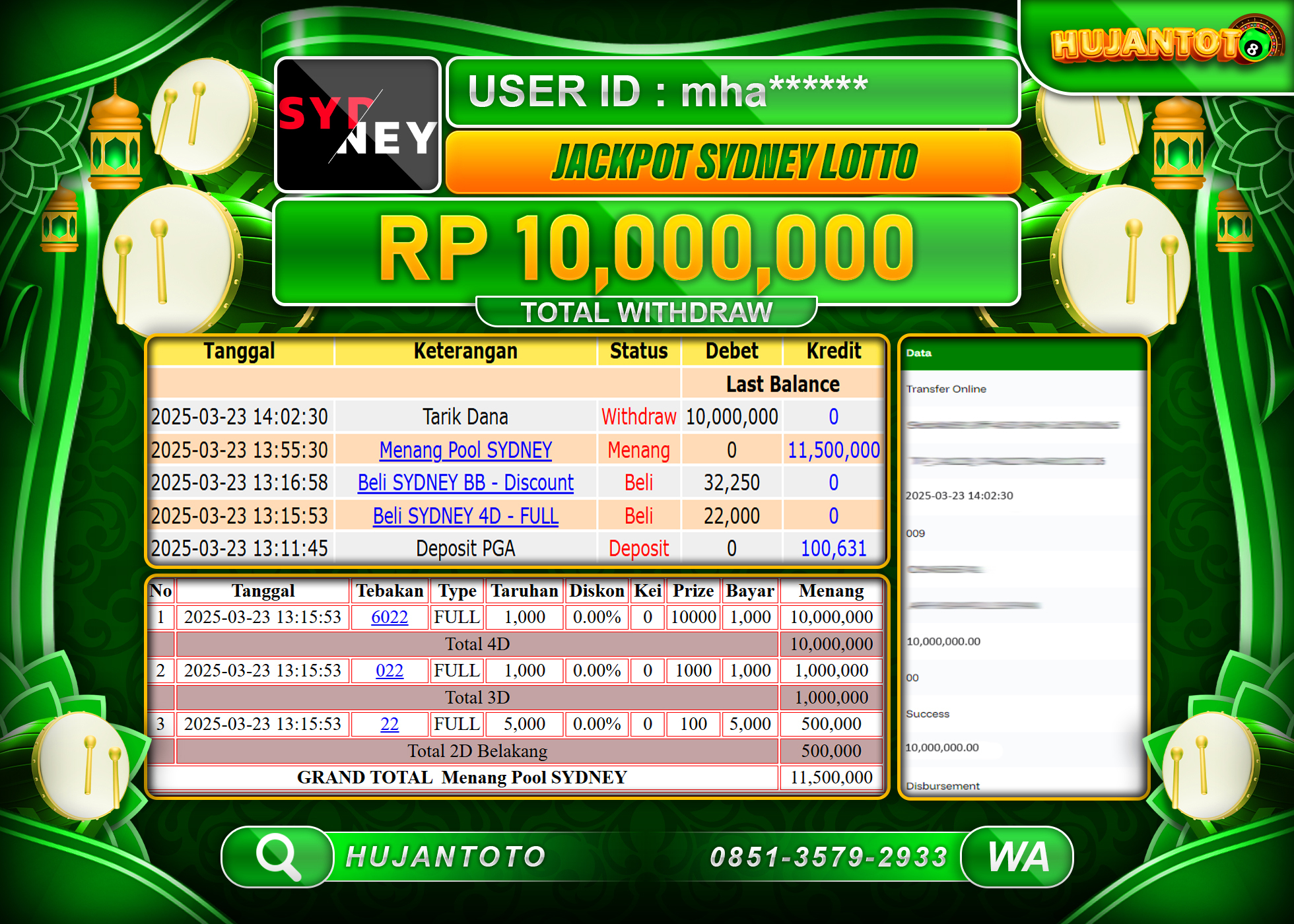 HUJANTOTO - BUKTI JACKPOT MENANG DI GAME SYDNEY LOTTO Rp,10,000,000- TERBAYAR LUNAS
