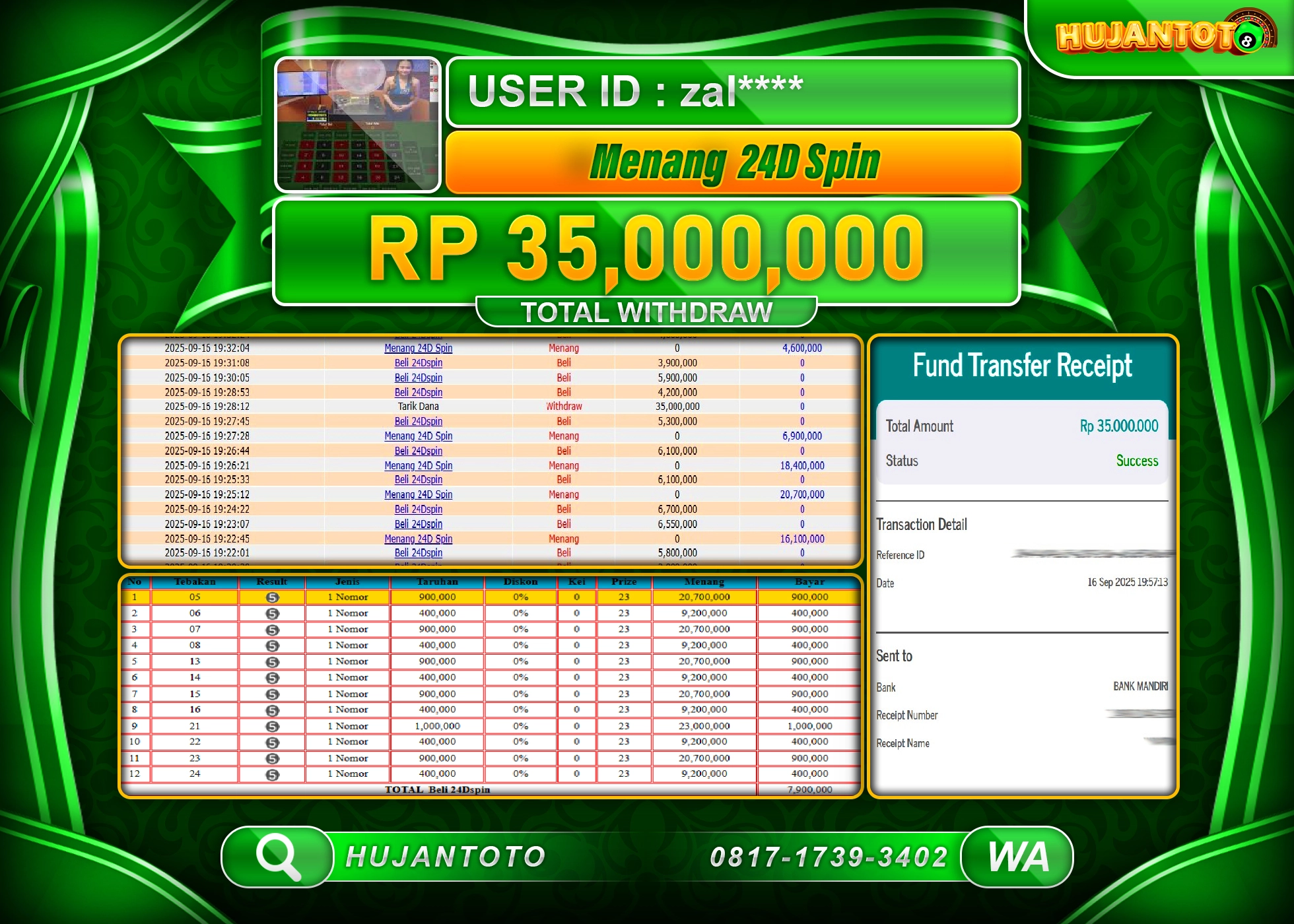 HUJANTOTO - BUKTI JACKPOT MENANG LIVEGAMES 24D SPIN  Rp.35,000,000 - TERBAYAR LUNAS