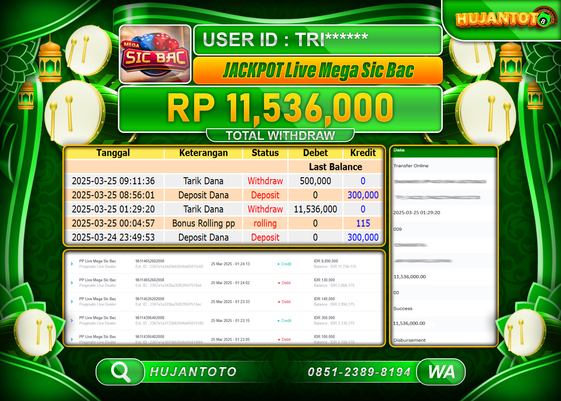 HUJANTOTO - BUKTI JACKPOT MENANG GAME LIVE MEGA SIC BAC Rp,11,536,000- TERBAYAR LUNAS